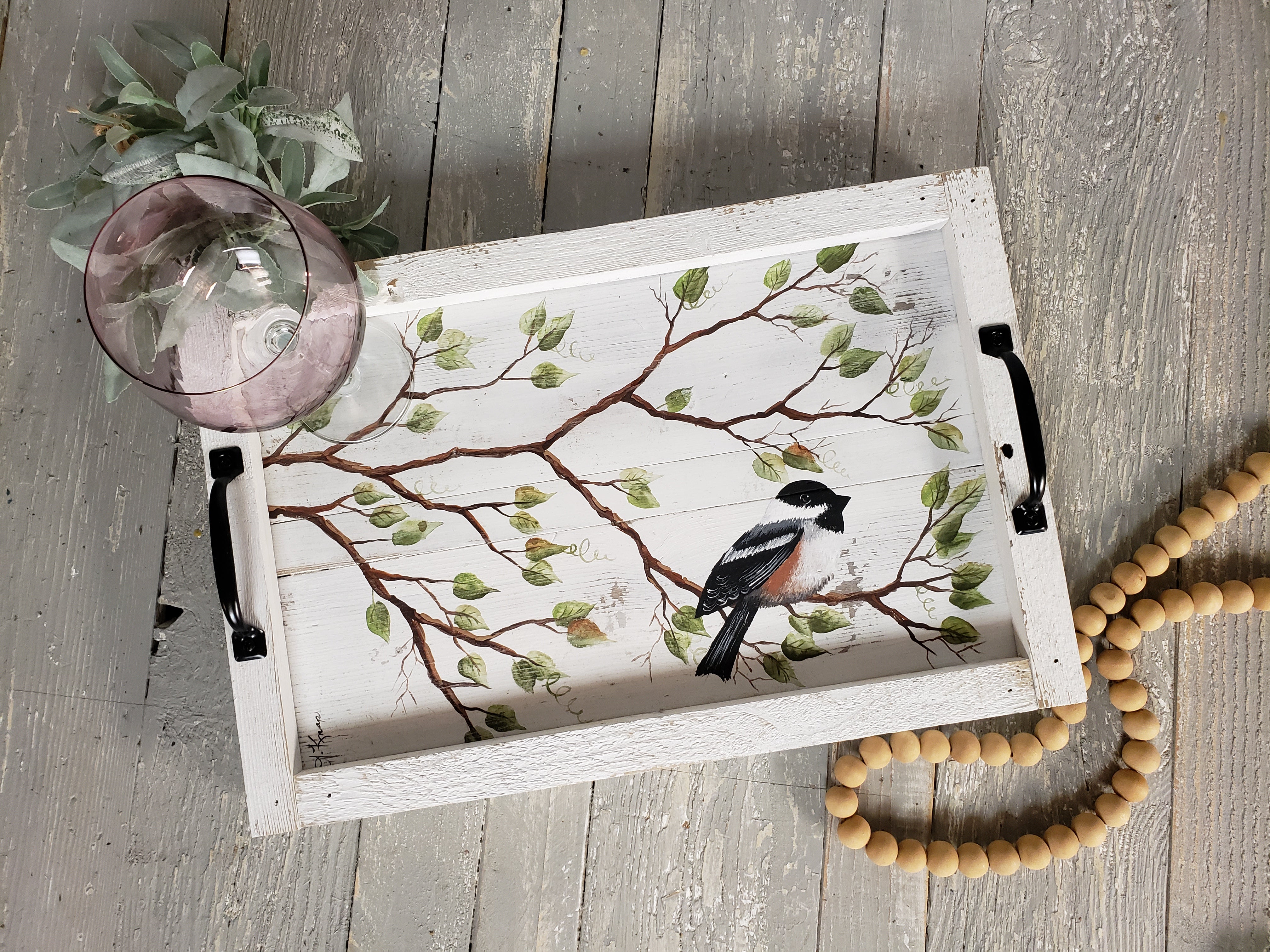 Decorative hand painted pallet tray, Farmhouse decor painted leaves and chickadee bird