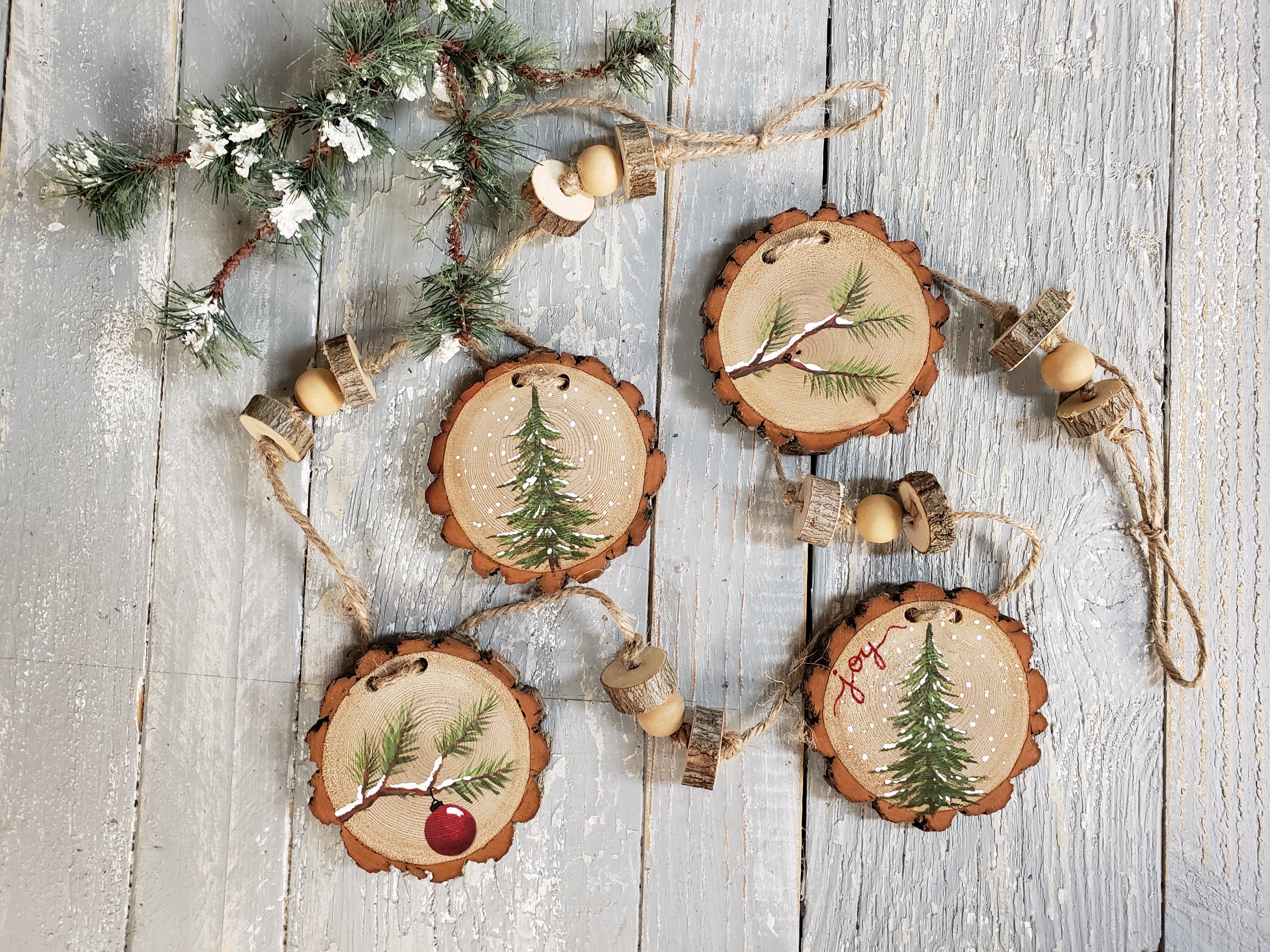 Christmas Bead Garland, Wood Slice ornaments, Handpainted Rustic Farmh –  The White Birch Studio