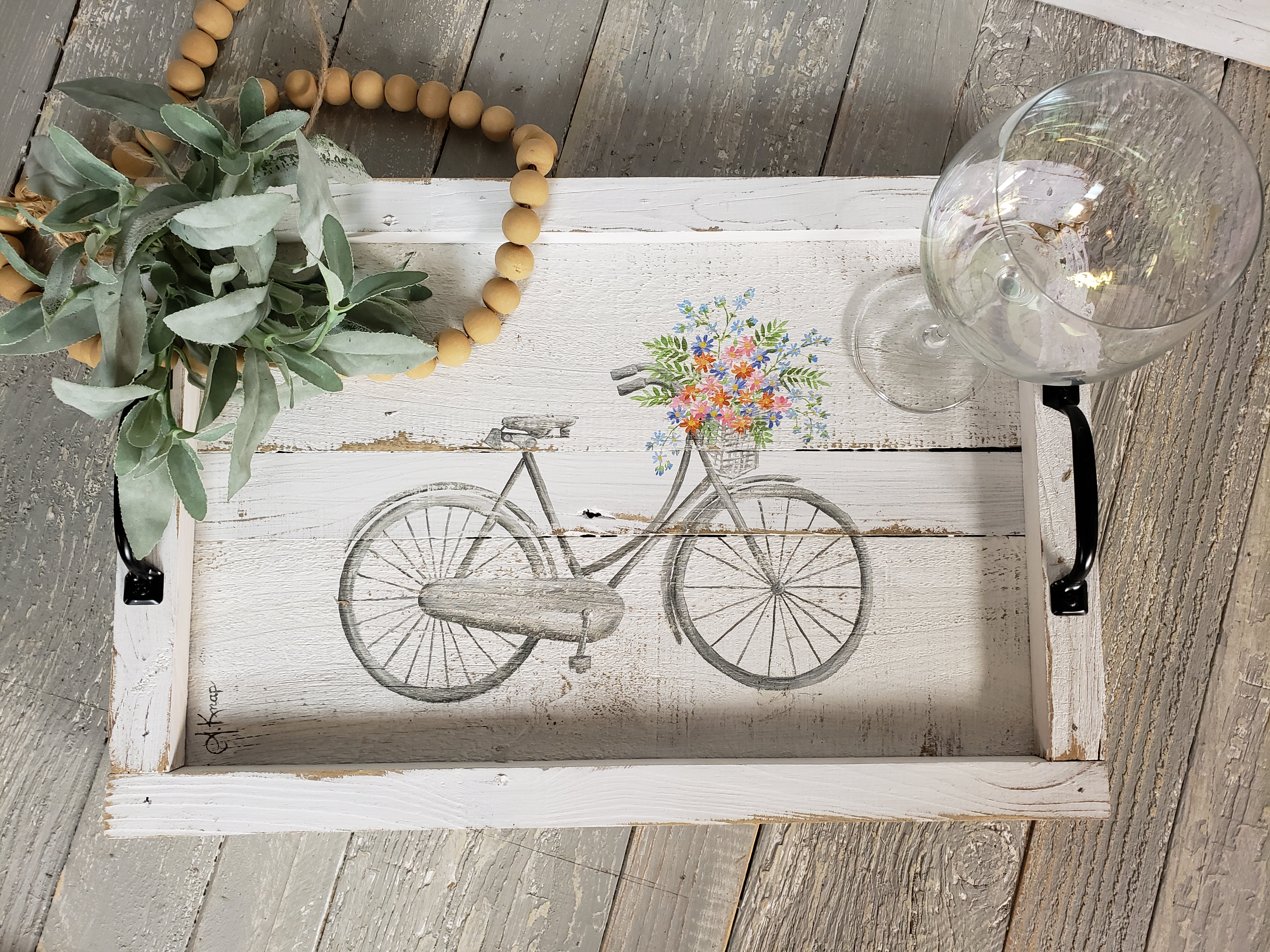 Pallet hand painted tray, antique bike with Spring flower basket, Farmhouse decor