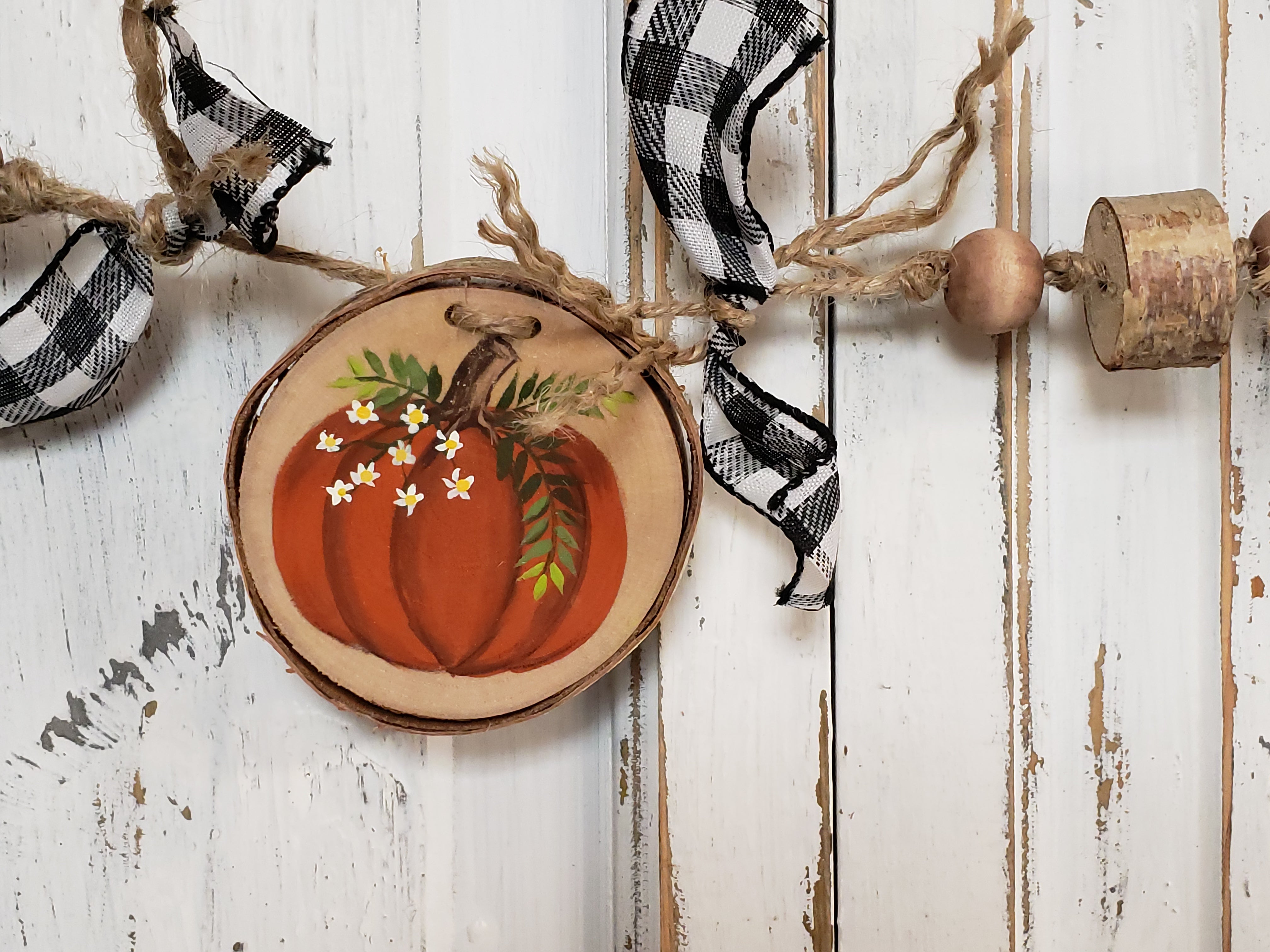 Autumn Bead Garland with buffalo plaid ribbon, Pumpkin & sunflower Rustic Wood Slice ornaments, Handpainted Rustic Farmhouse mantel garland
