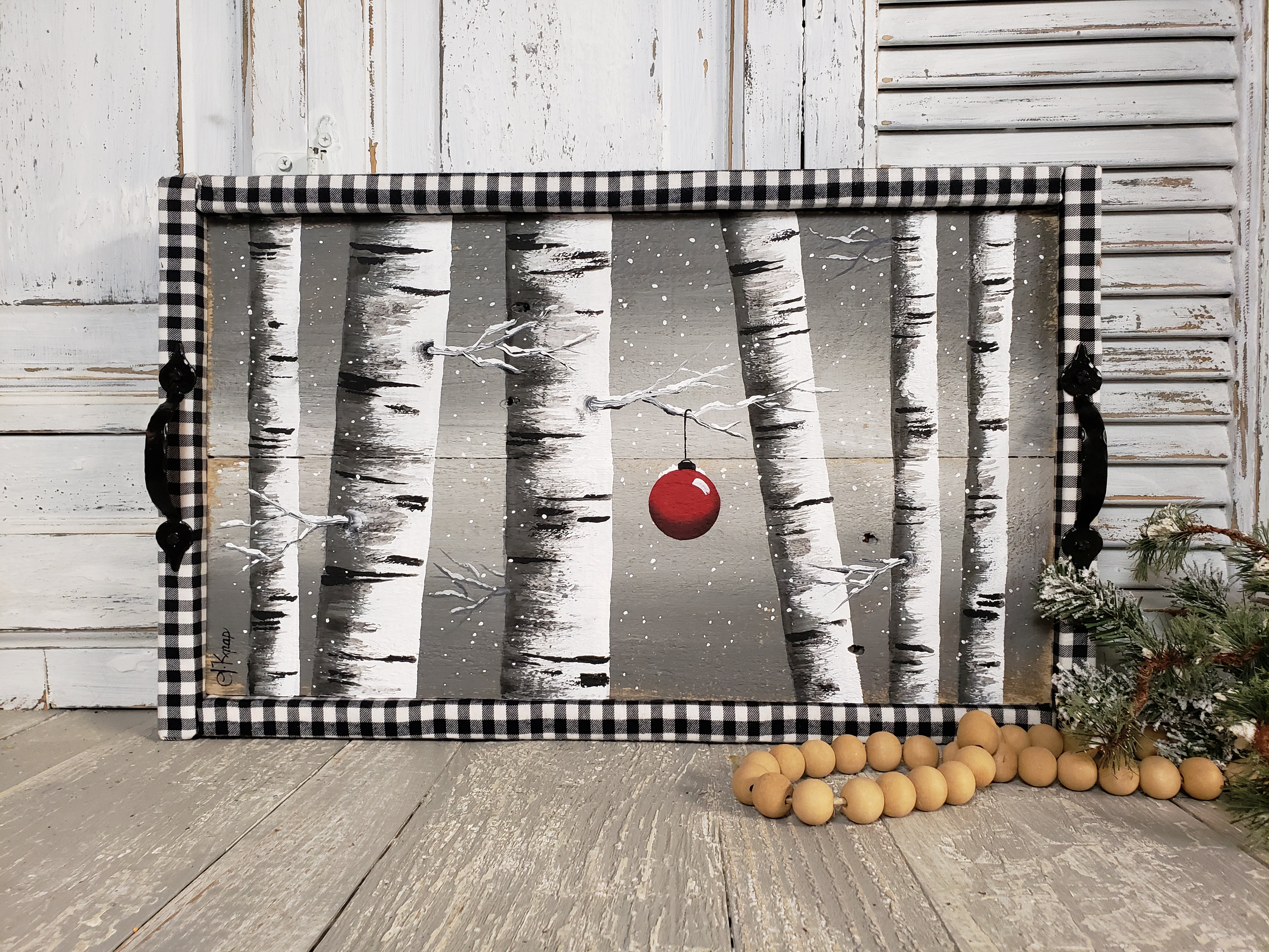 Decorative Christmas pallet tray, Farmhouse White birch painting, Holiday decor serving handle tray