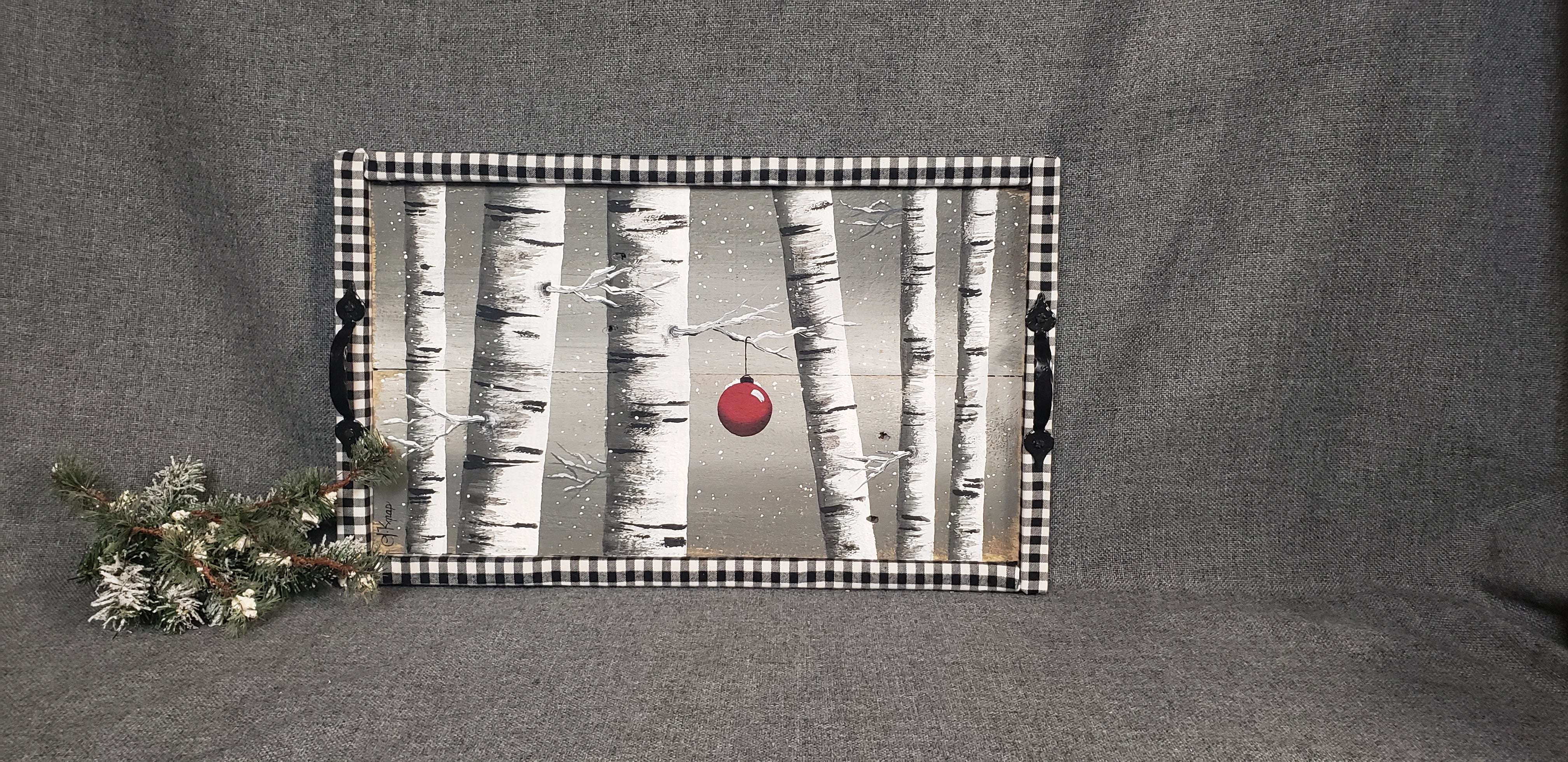 Decorative Christmas pallet tray, Farmhouse White birch painting, Holiday decor serving handle tray