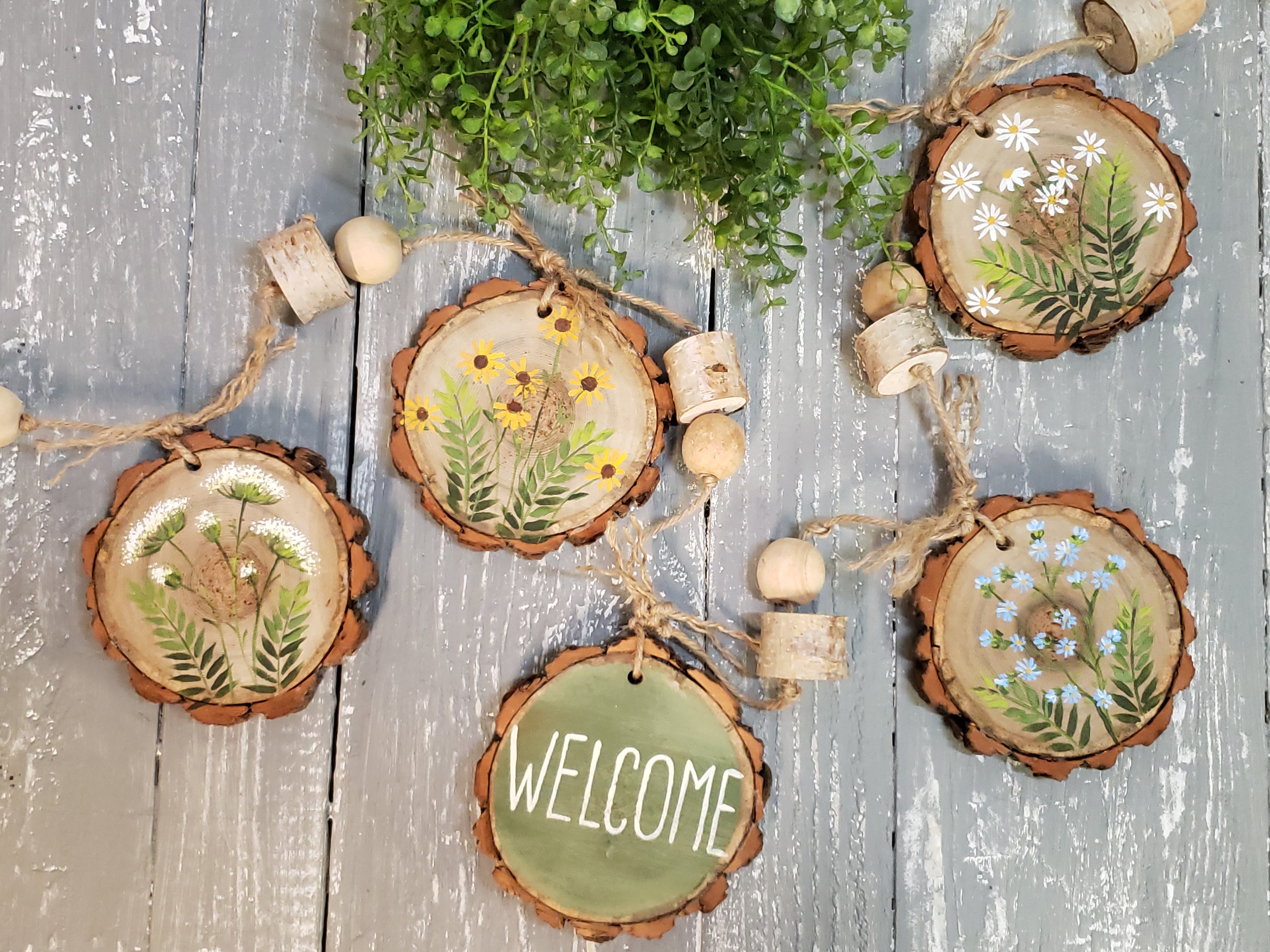 Spring and Summer Bead Garland, Wild flower Rustic Wood Slice ornaments,  Handpainted Rustic Farmhouse mantel garland, porch welcome sign