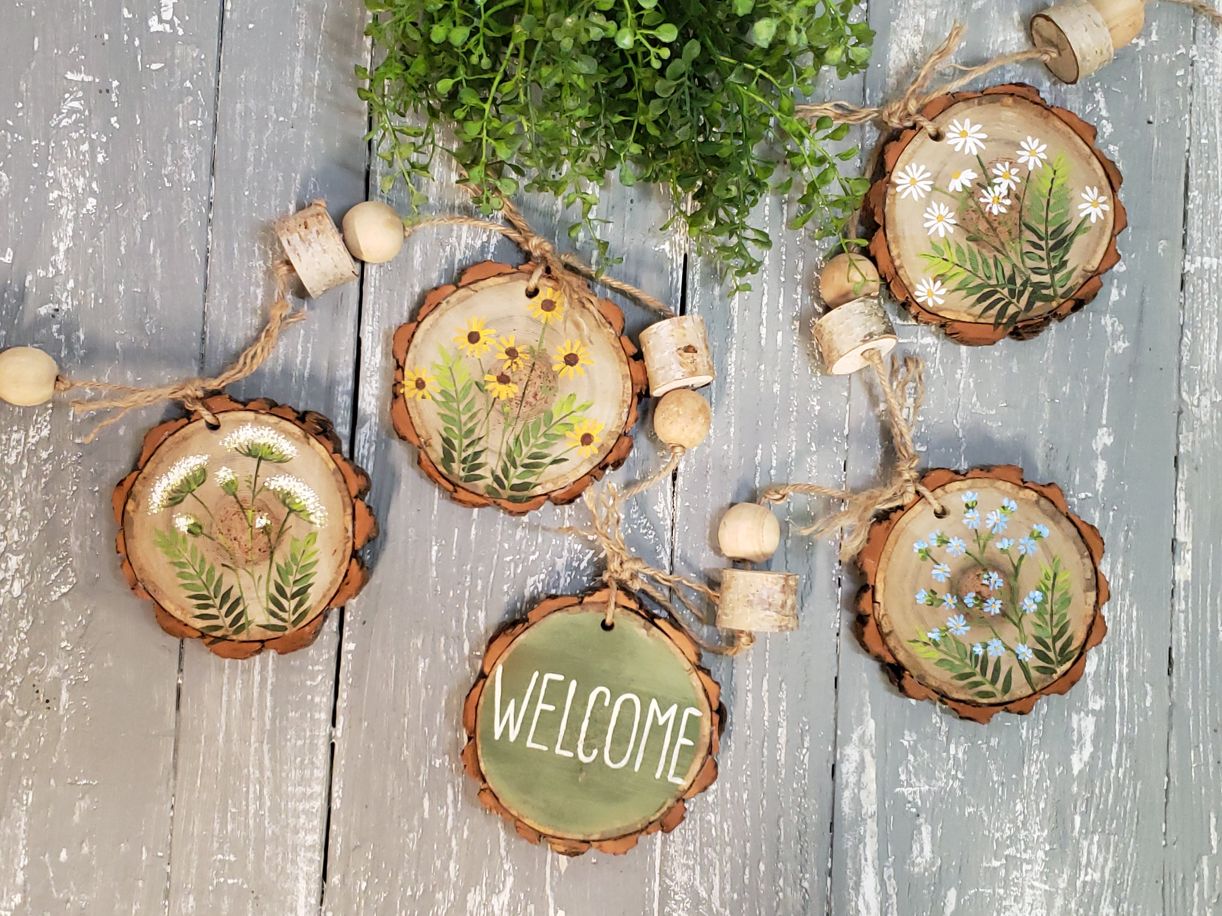 Spring and Summer Bead Garland, Wild flower Rustic Wood Slice ornaments, Handpainted Rustic Farmhouse mantel garland, porch welcome sign
