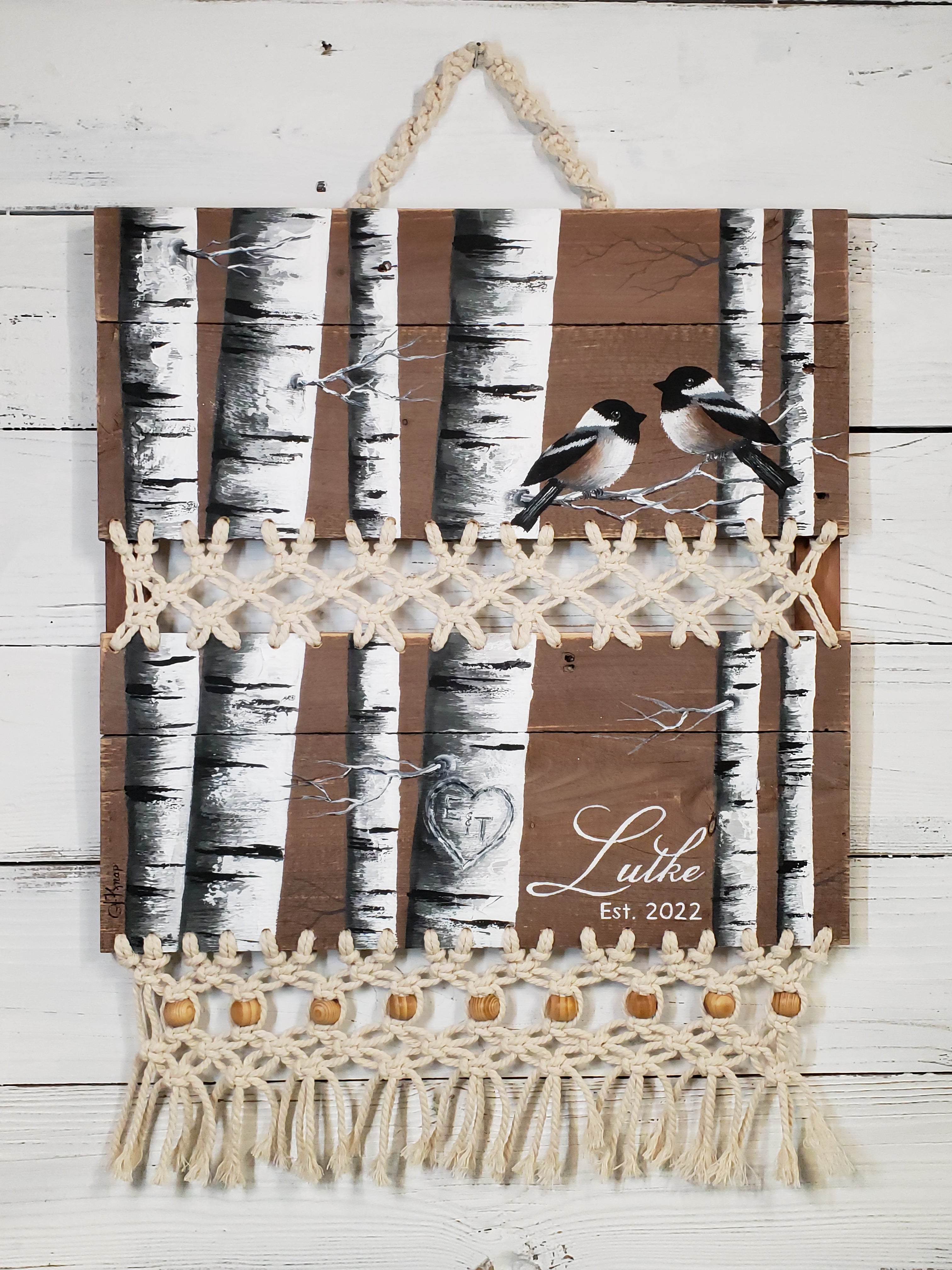 Wedding gift White Birch sweetheart sign, Gray BOHO macrame wall hanging, carved heart in tree, hand painted love bird chickadees