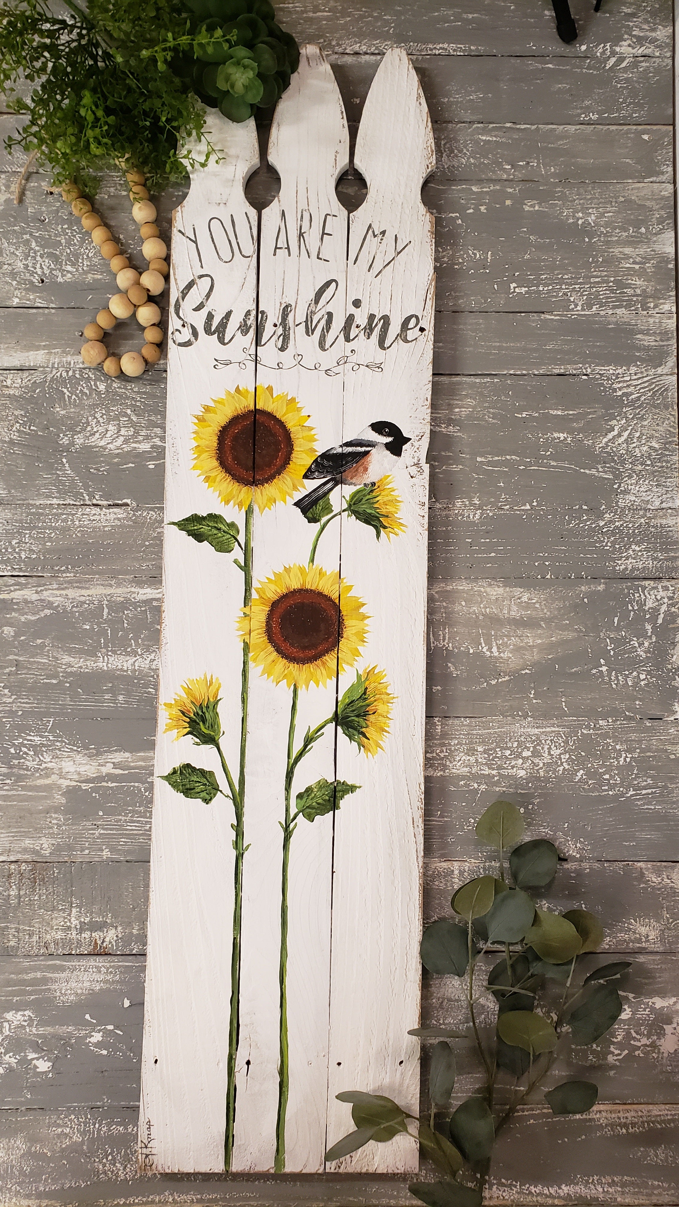 You are my sunshine sunflower sign, Picket fence with hand painted sun flowers on pallet wood, White washed Farmhouse decor