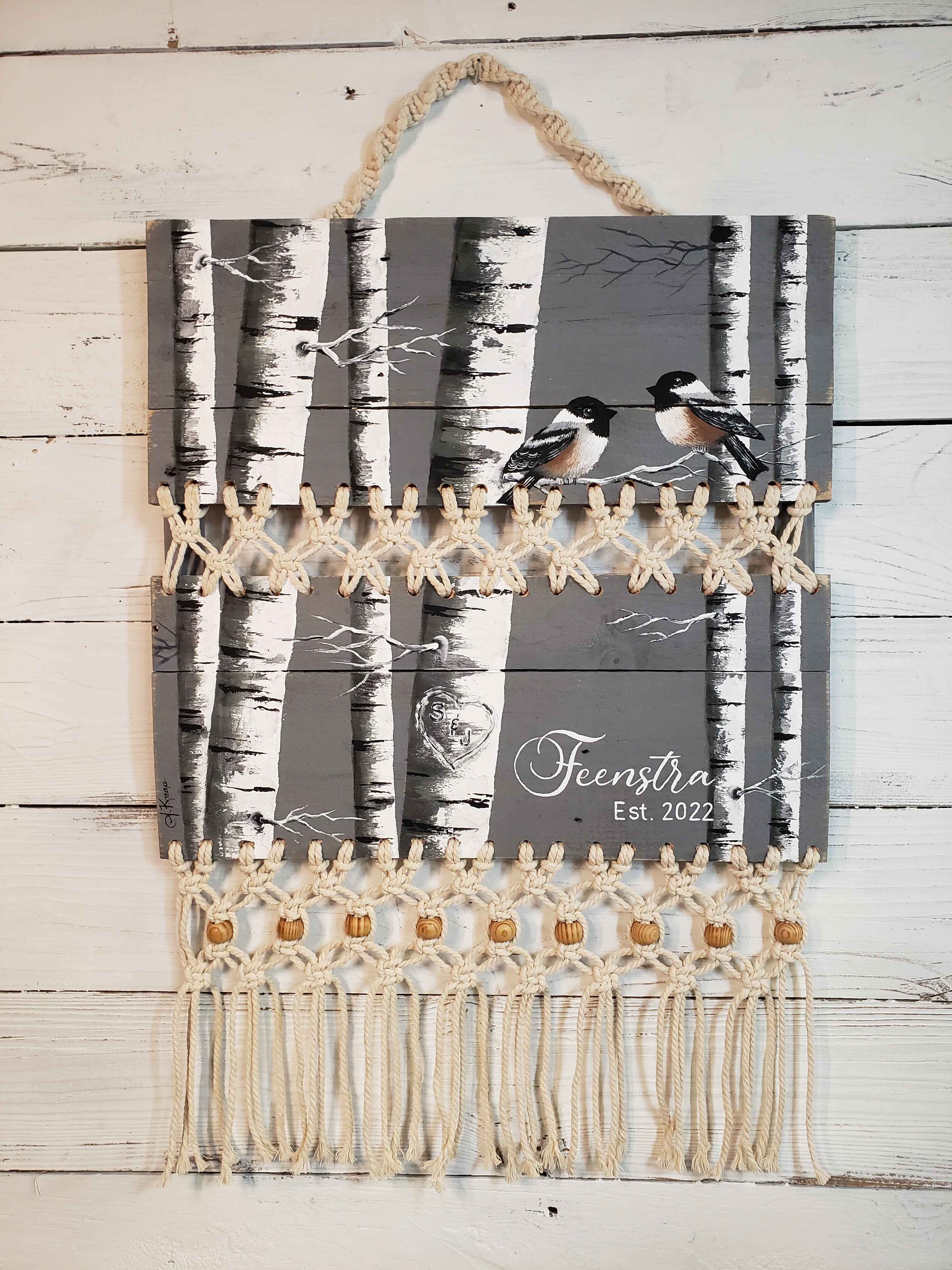Wedding gift White Birch sweetheart sign, Gray BOHO macrame wall hanging, carved heart in tree, hand painted love bird chickadees