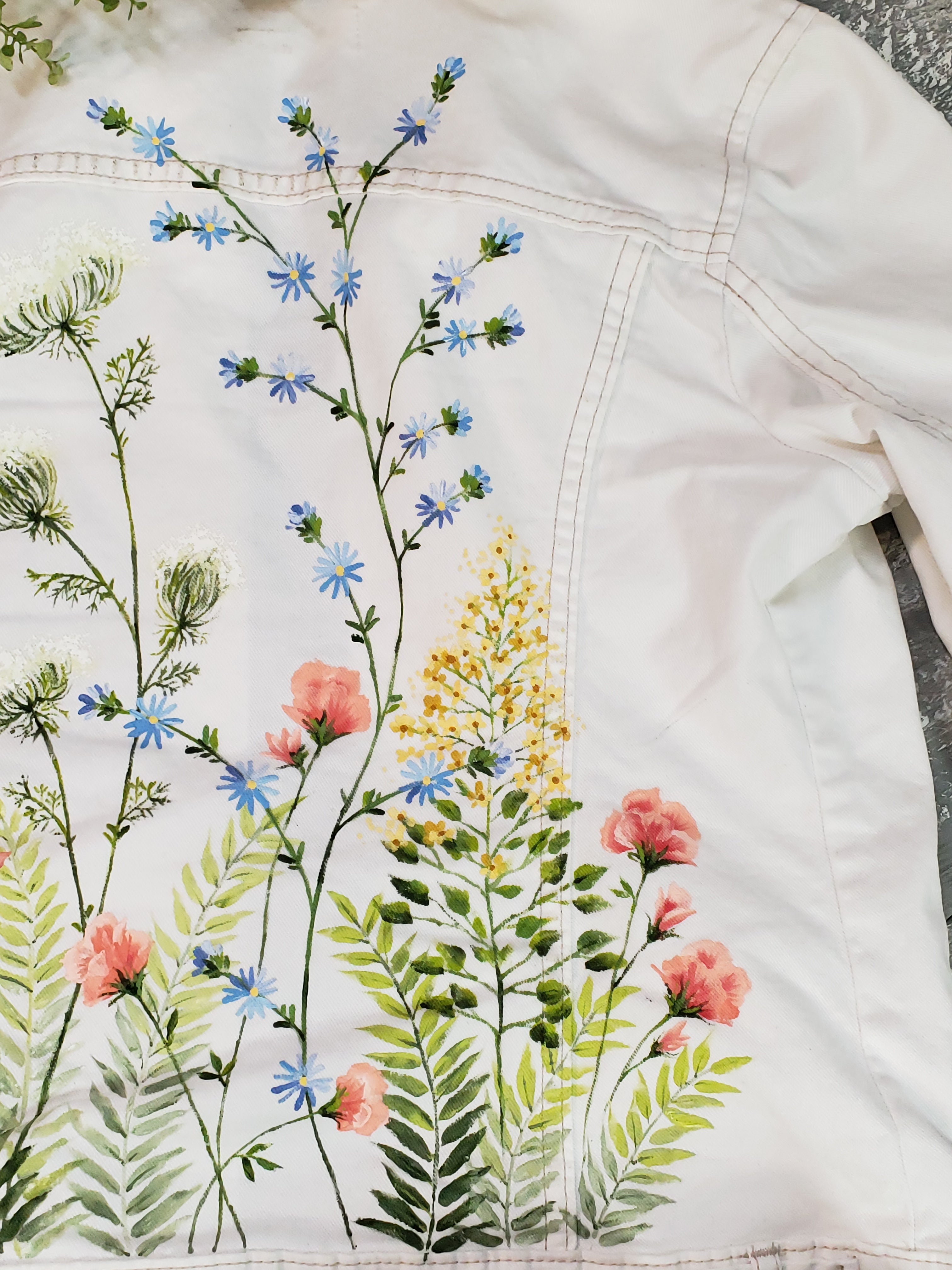White painted denim jacket, hand painted floral jean jacket, Custom painted summer flowers coat