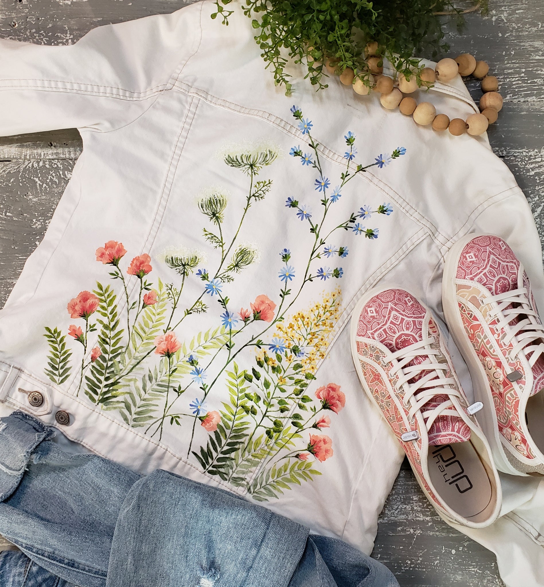 White painted denim jacket, hand painted floral jean jacket