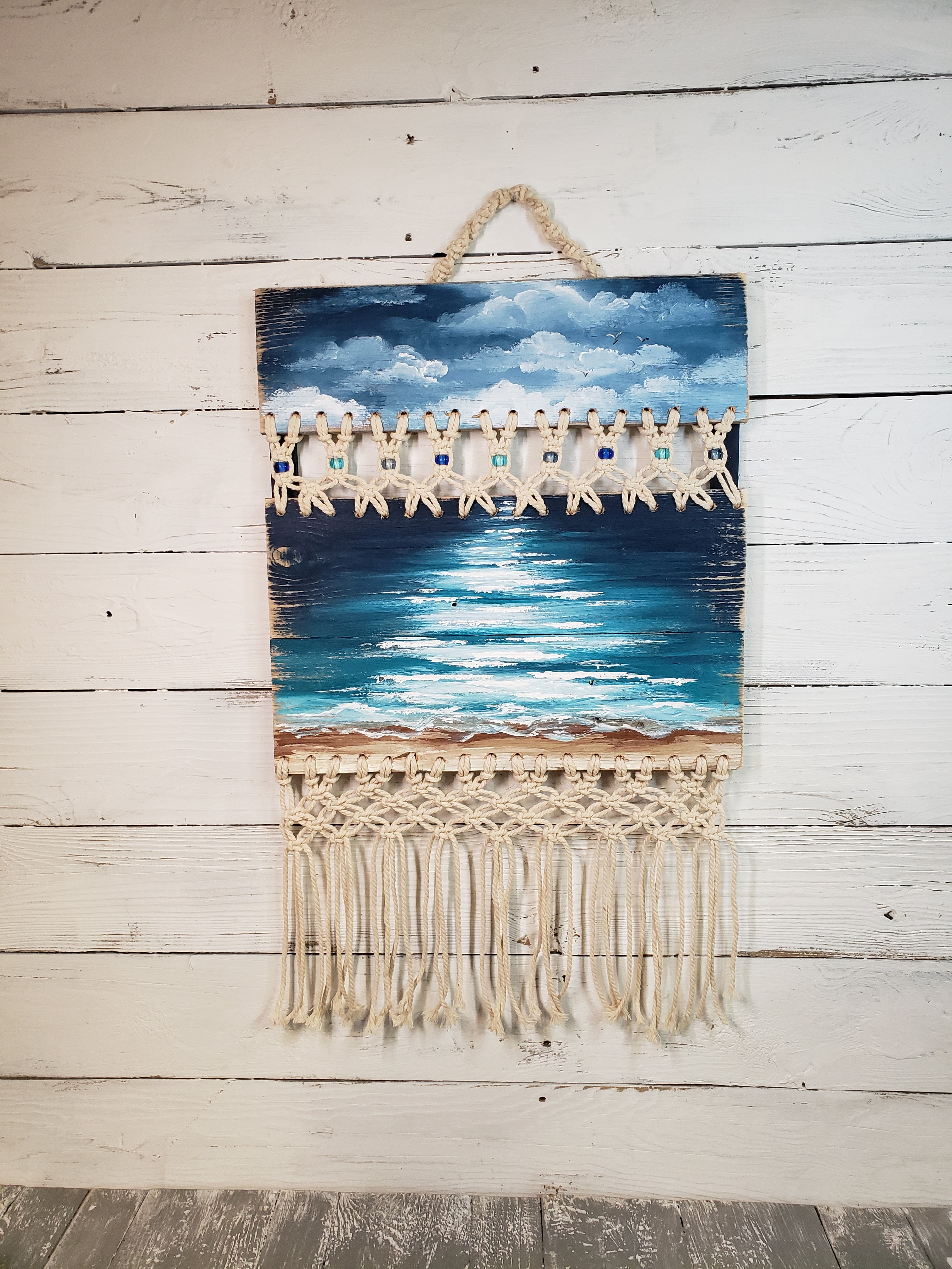 BOHO Macrame Beach painting on pallet wood, beach life, Glass beads, hand painted nautical ocean painting, cottage decorations