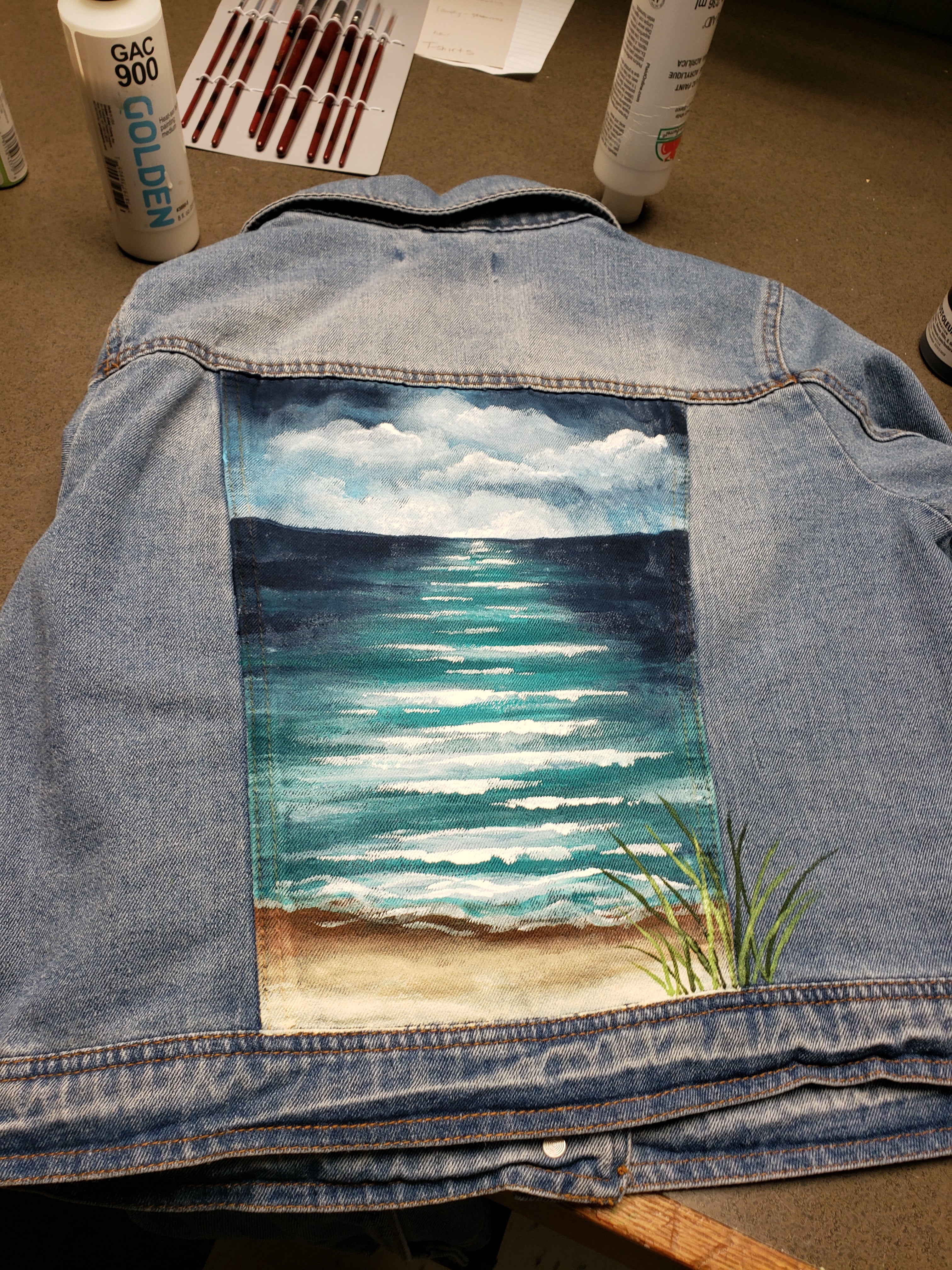 Hand Painted beach denim jacket, Beach Life, Custom painted jean jacket, nautical denim coat with beach waves