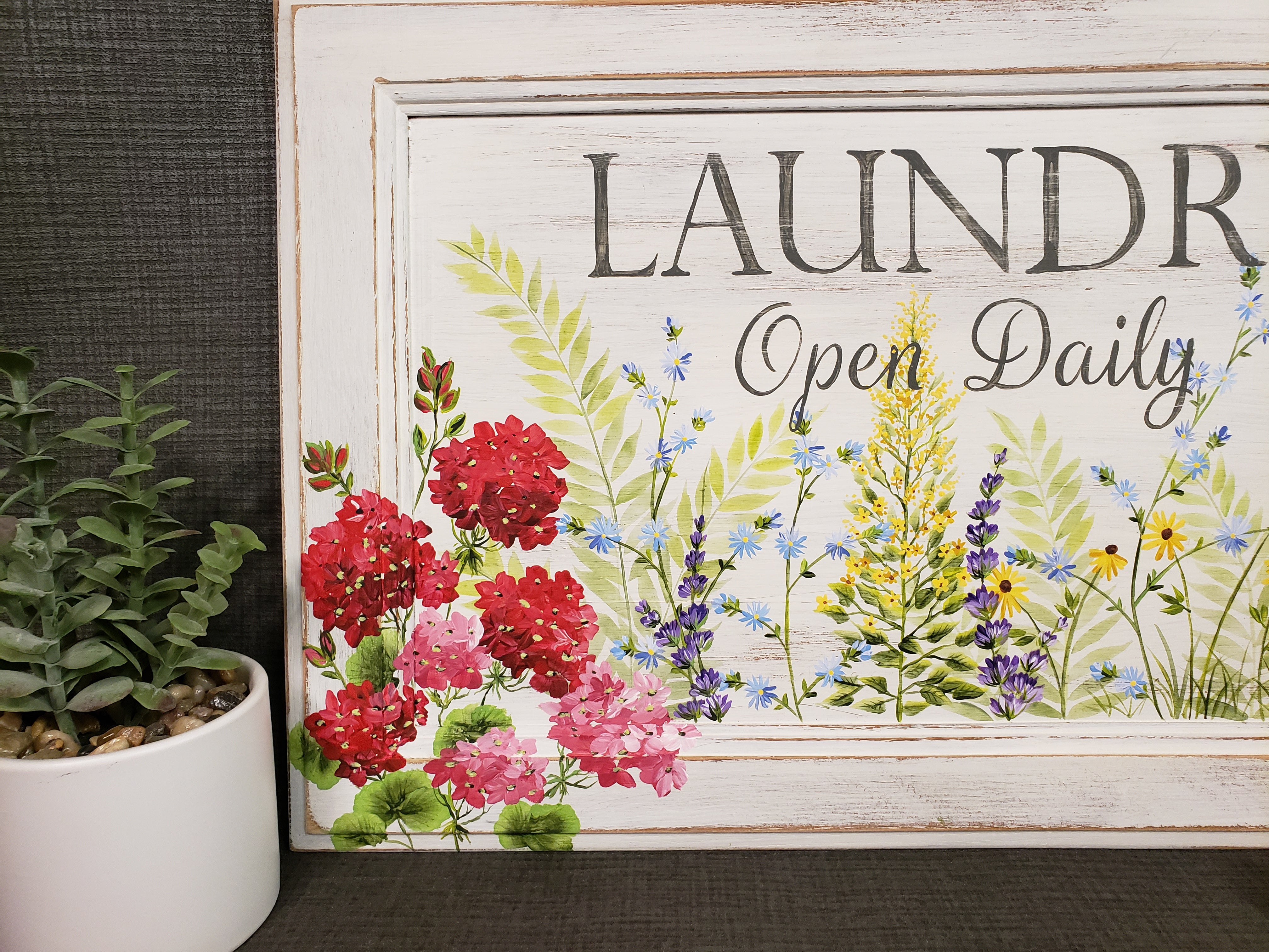 Laundry Sign, hand painted flower laundry open daily painting, laundry wall decor, red and pink geraniums, reclaimed wood