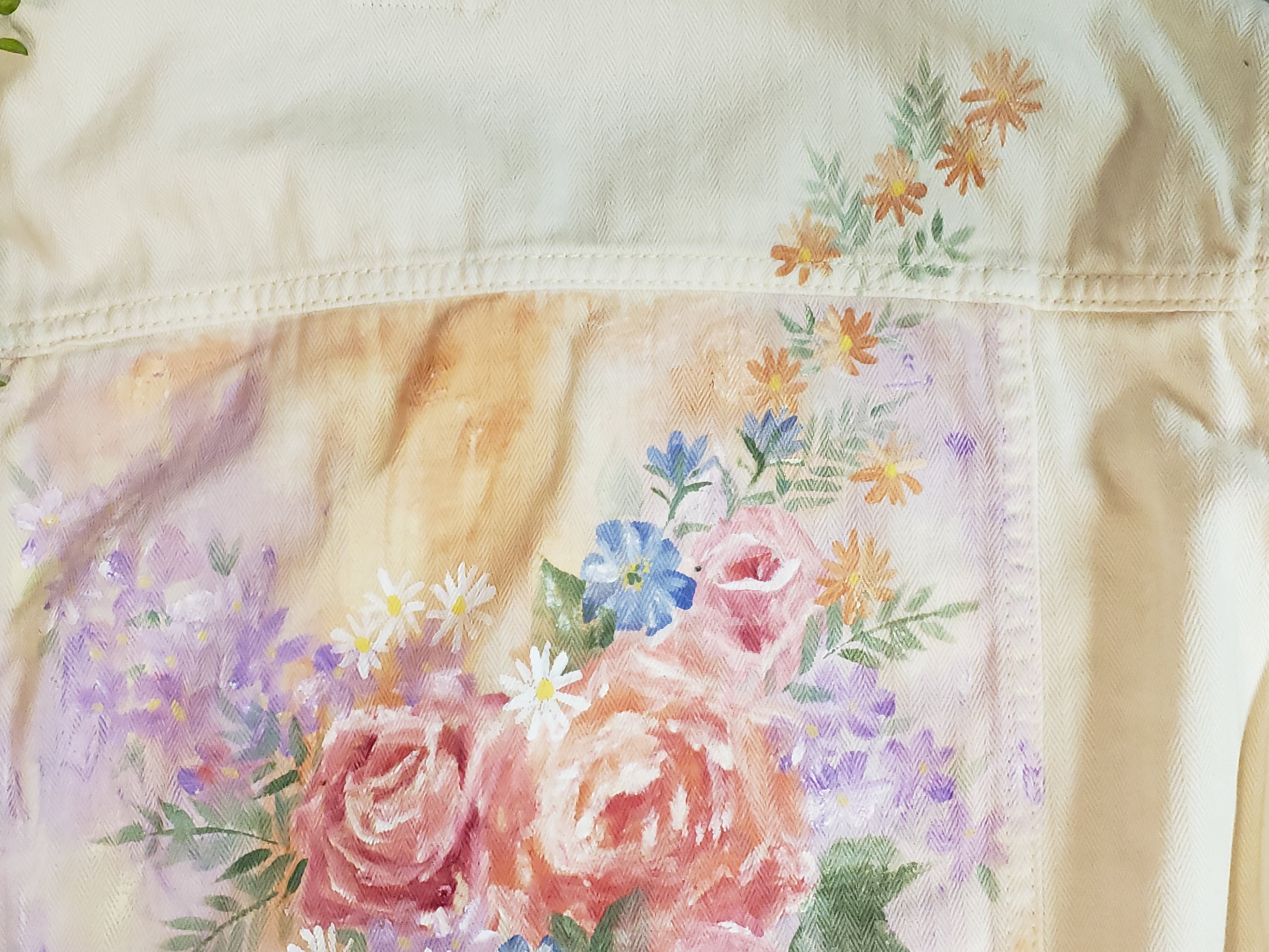 Cream floral painted denim jacket, hand painted abstract flowers on natural beige jean coat, denim ruffle accent with summer flowers