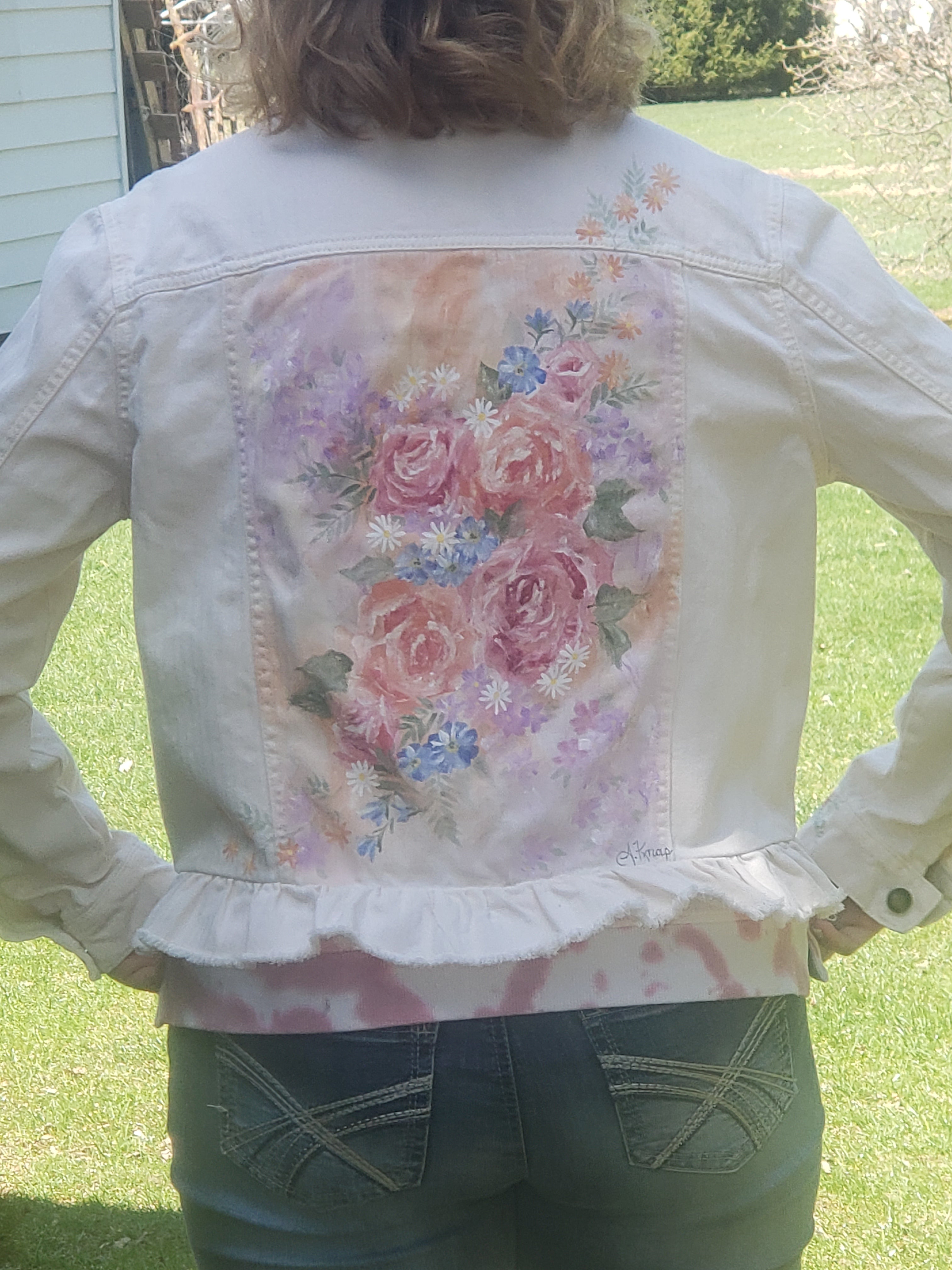 Cream floral painted denim jacket, hand painted abstract flowers on natural beige jean coat, denim ruffle accent with summer flowers