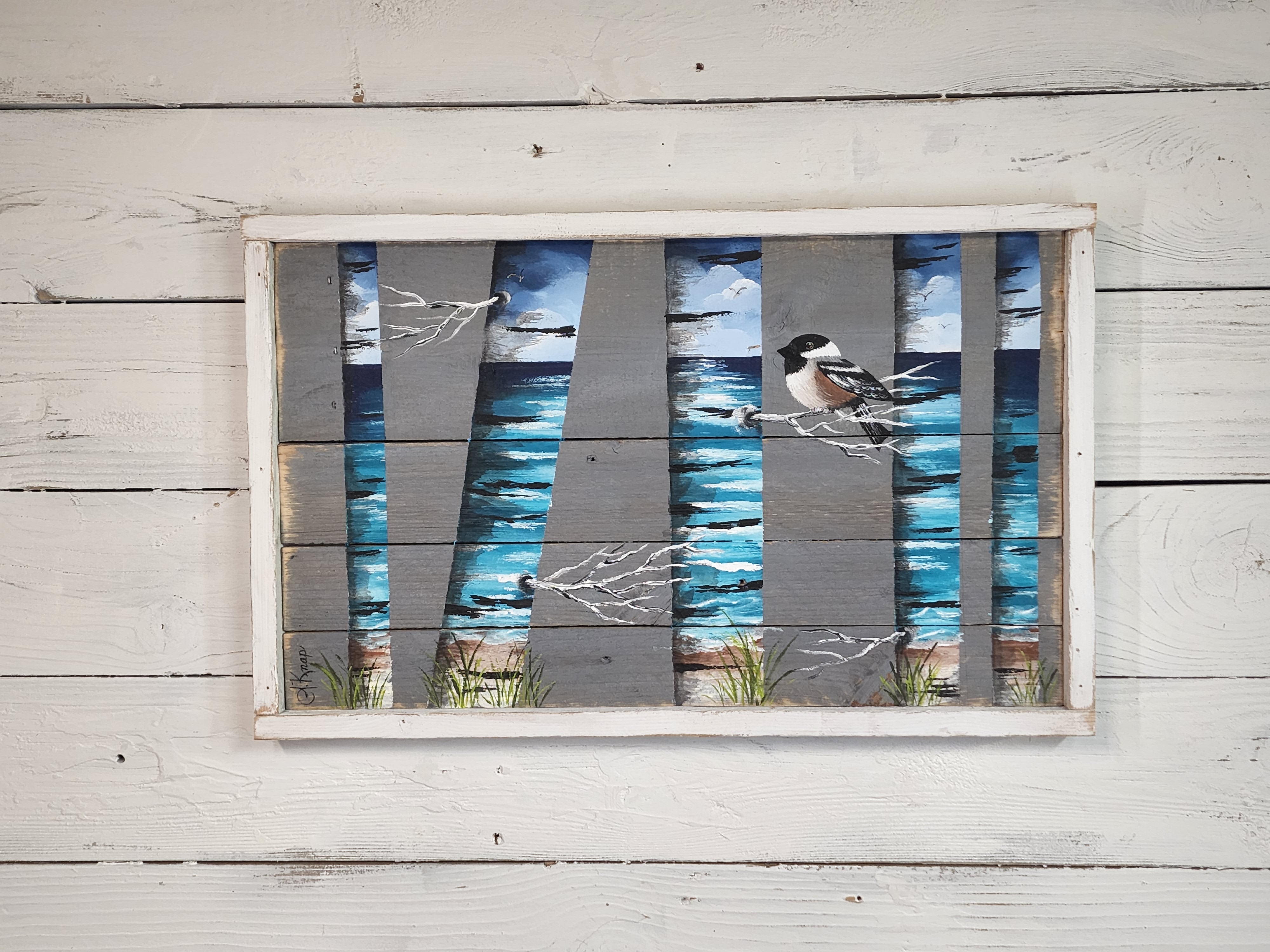 Abstract White Birch wall art Painting, part of "Birch Reflections" collection, Beach painting on pallet wood, cottage grey decor