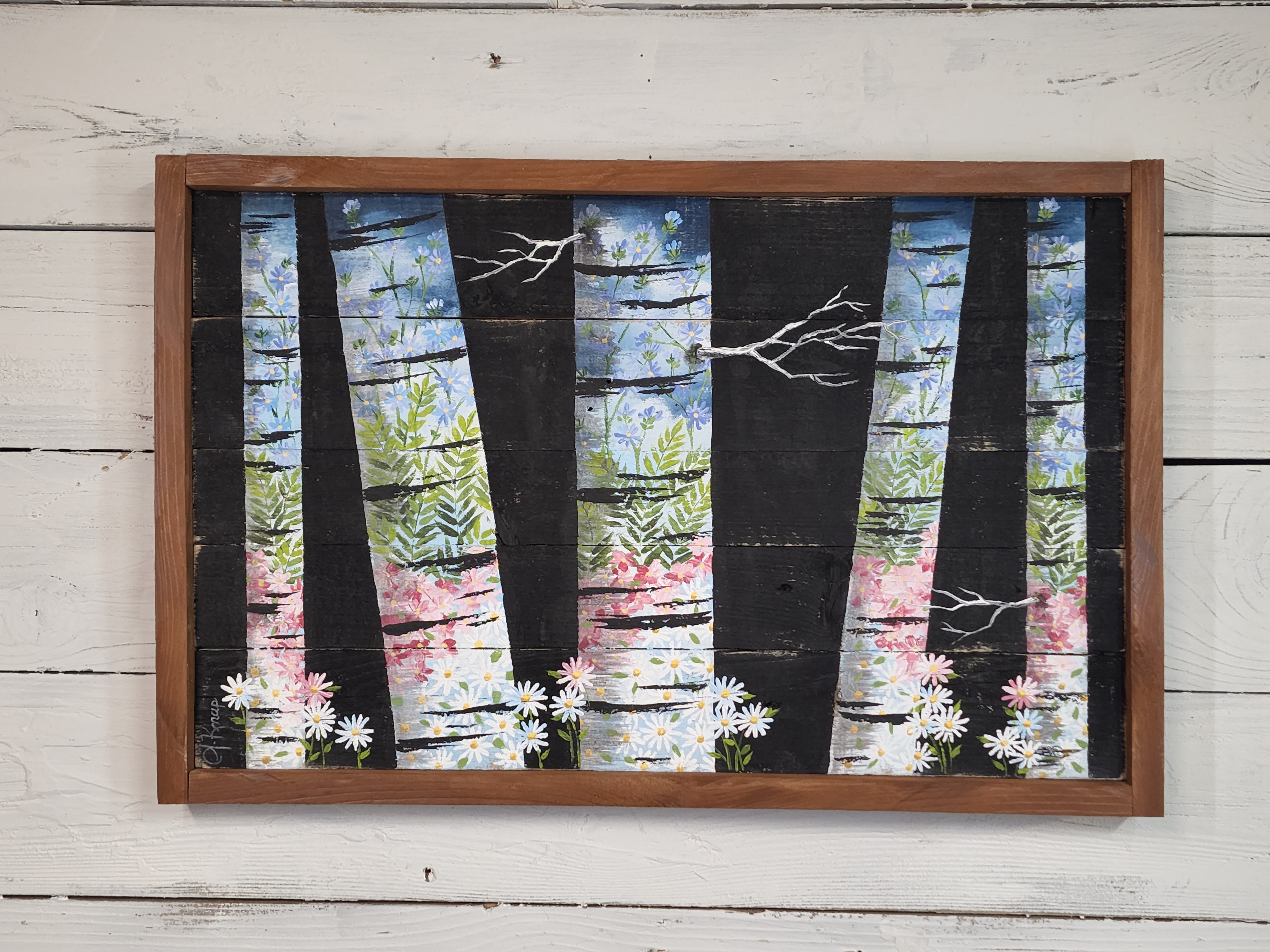 Abstract White Birch wall art Painting, part of "Birch Reflections" collection, Spring and Summer flower painting on pallet wood