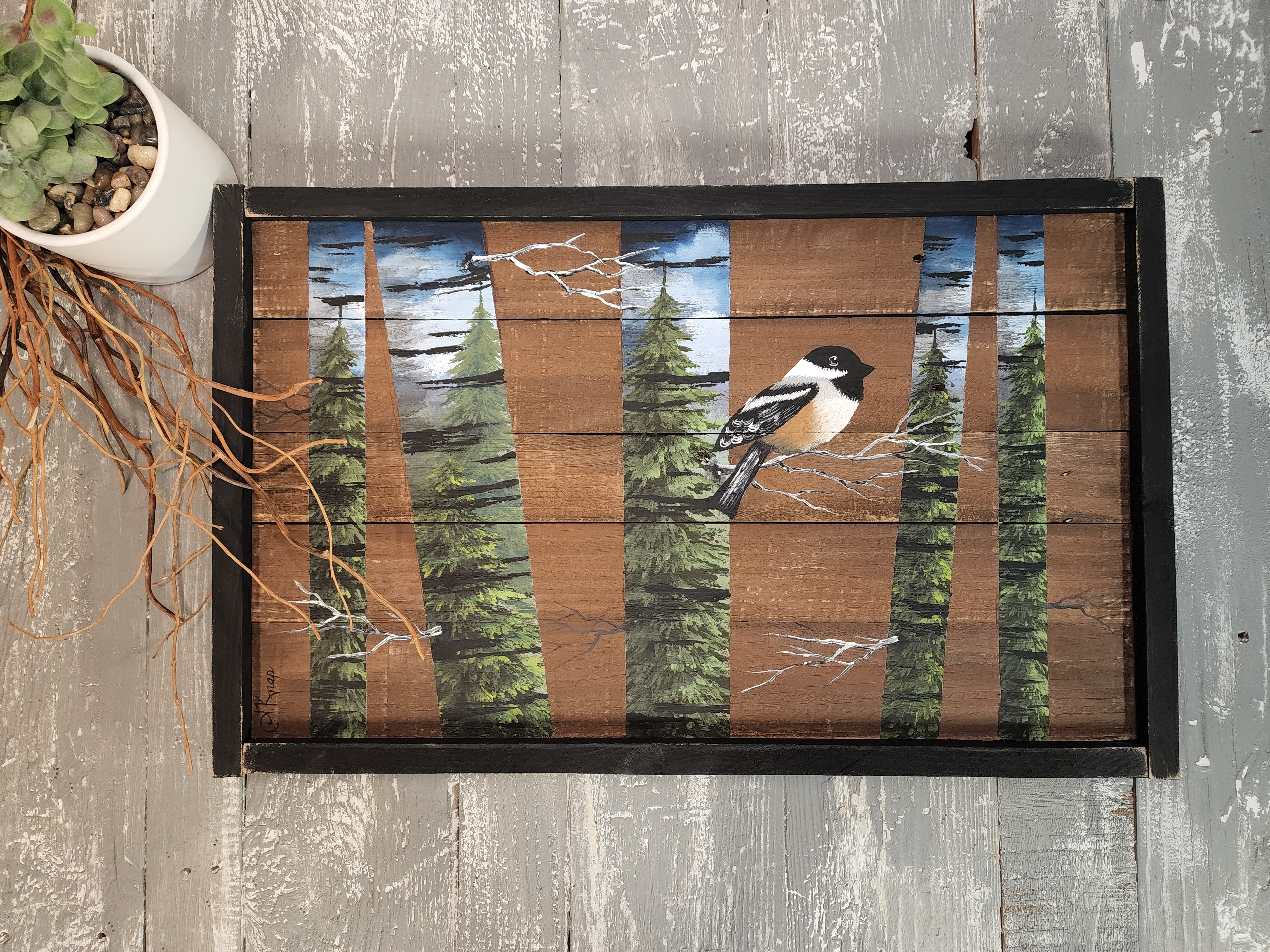 Abstract White Birch wall art Painting, part of "Birch Reflections" collection, Pine tree painting on pallet wood with chickadee
