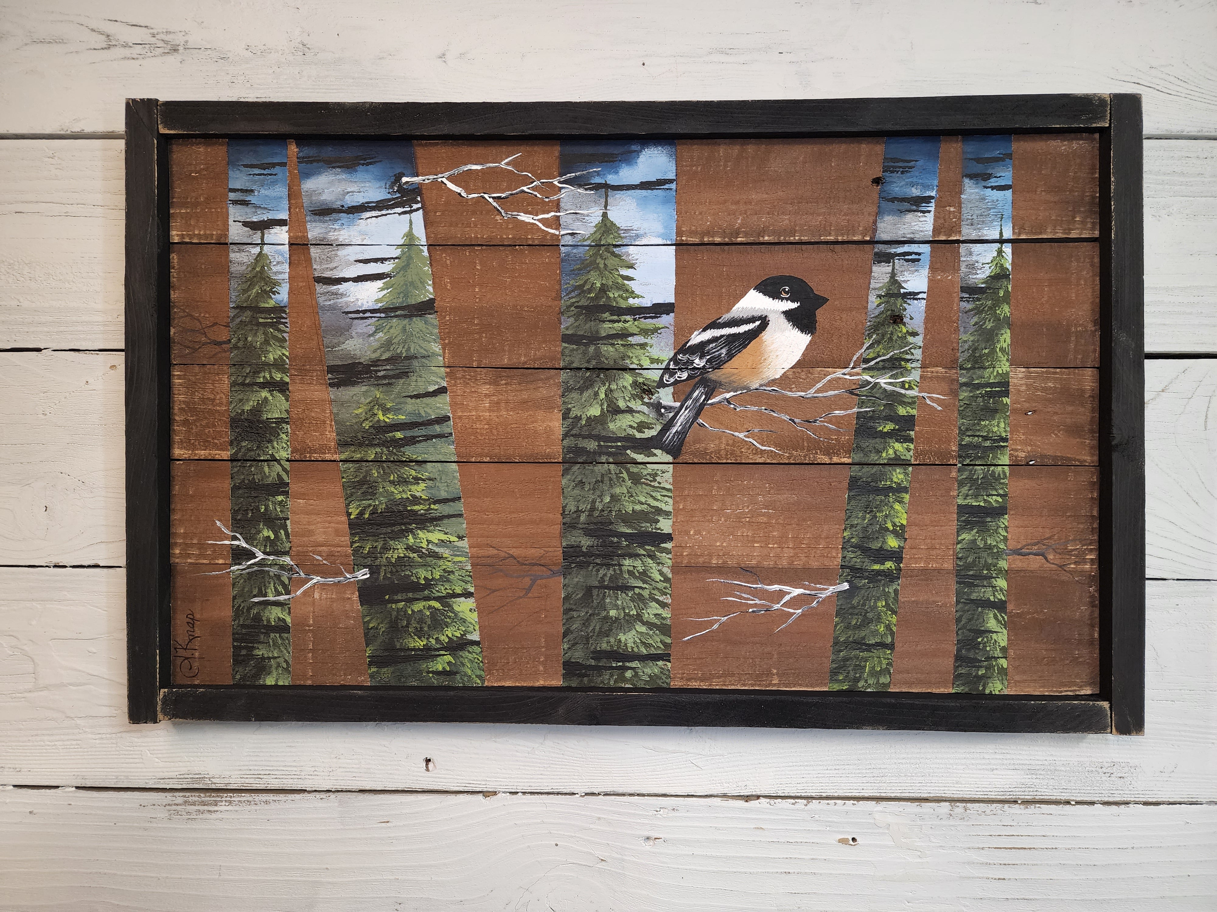 Abstract White Birch wall art Painting, part of "Birch Reflections" collection, Pine tree painting on pallet wood with chickadee