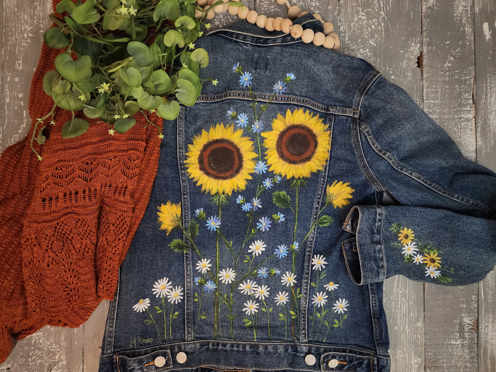 Hand Painted sunflower denim jacket, Autumn Fall painted flower jean j ...