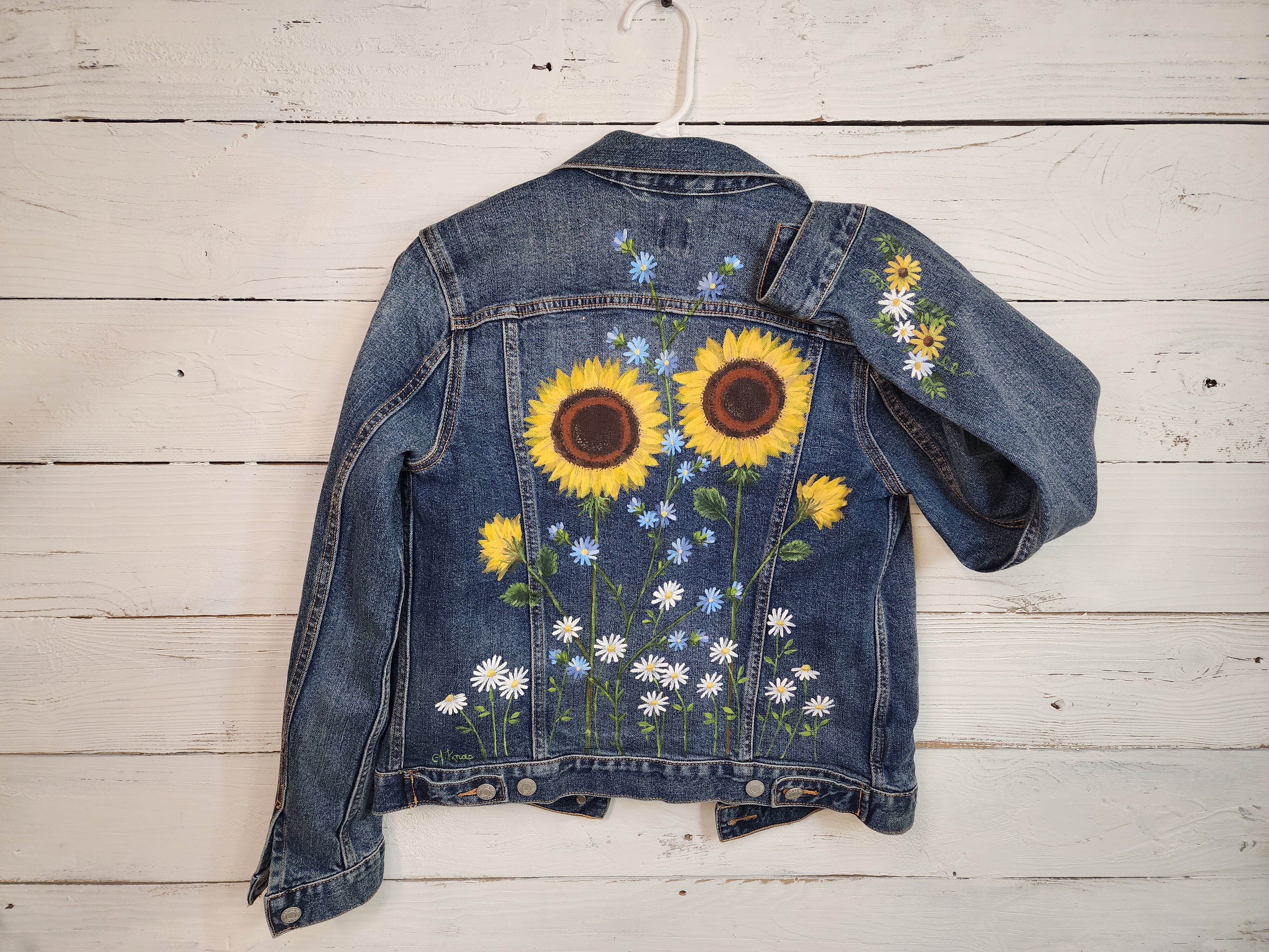 Hand Painted sunflower denim jacket,  Autumn Fall painted flower jean jacket, Custom painting on recycled coat