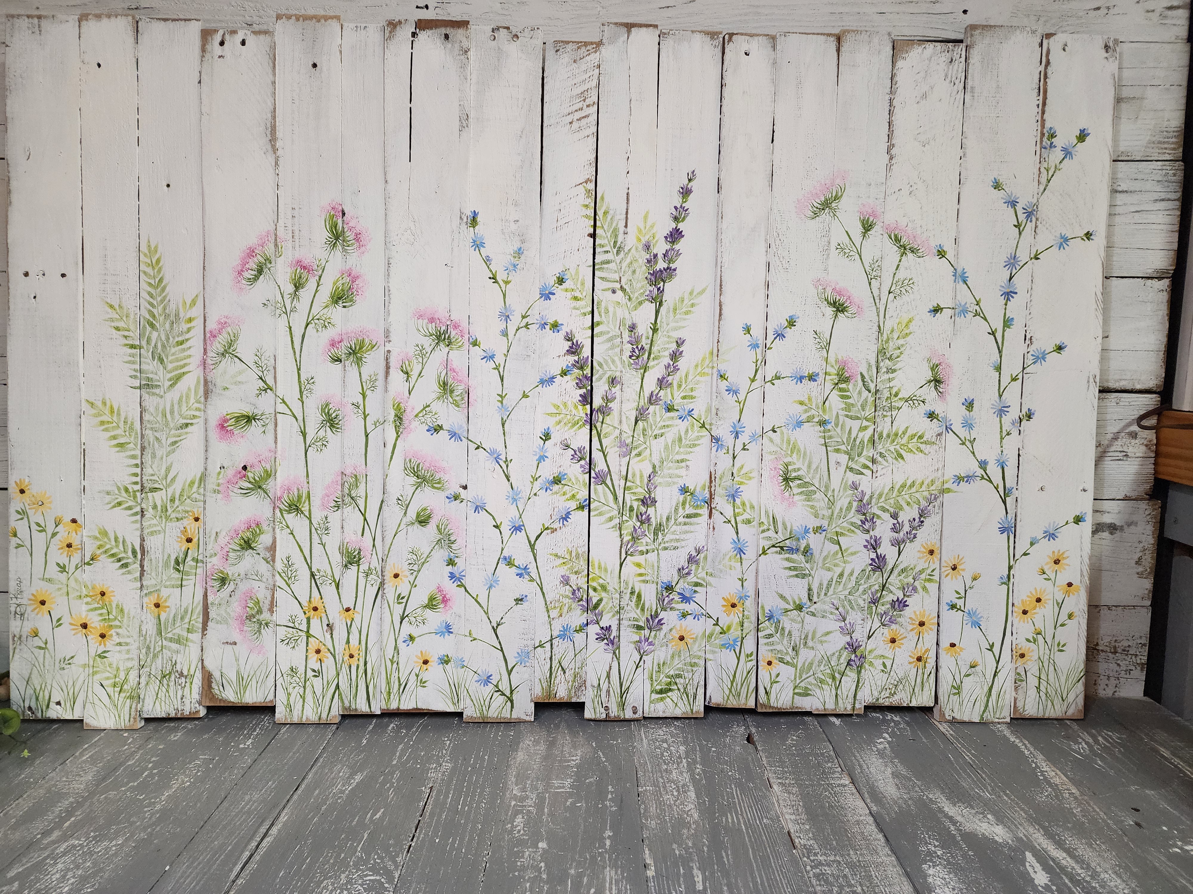 Flower Headboard Pallet art, farmhouse decor headboard,  hand painted flowers on picket fence,  Girls Bedroom art