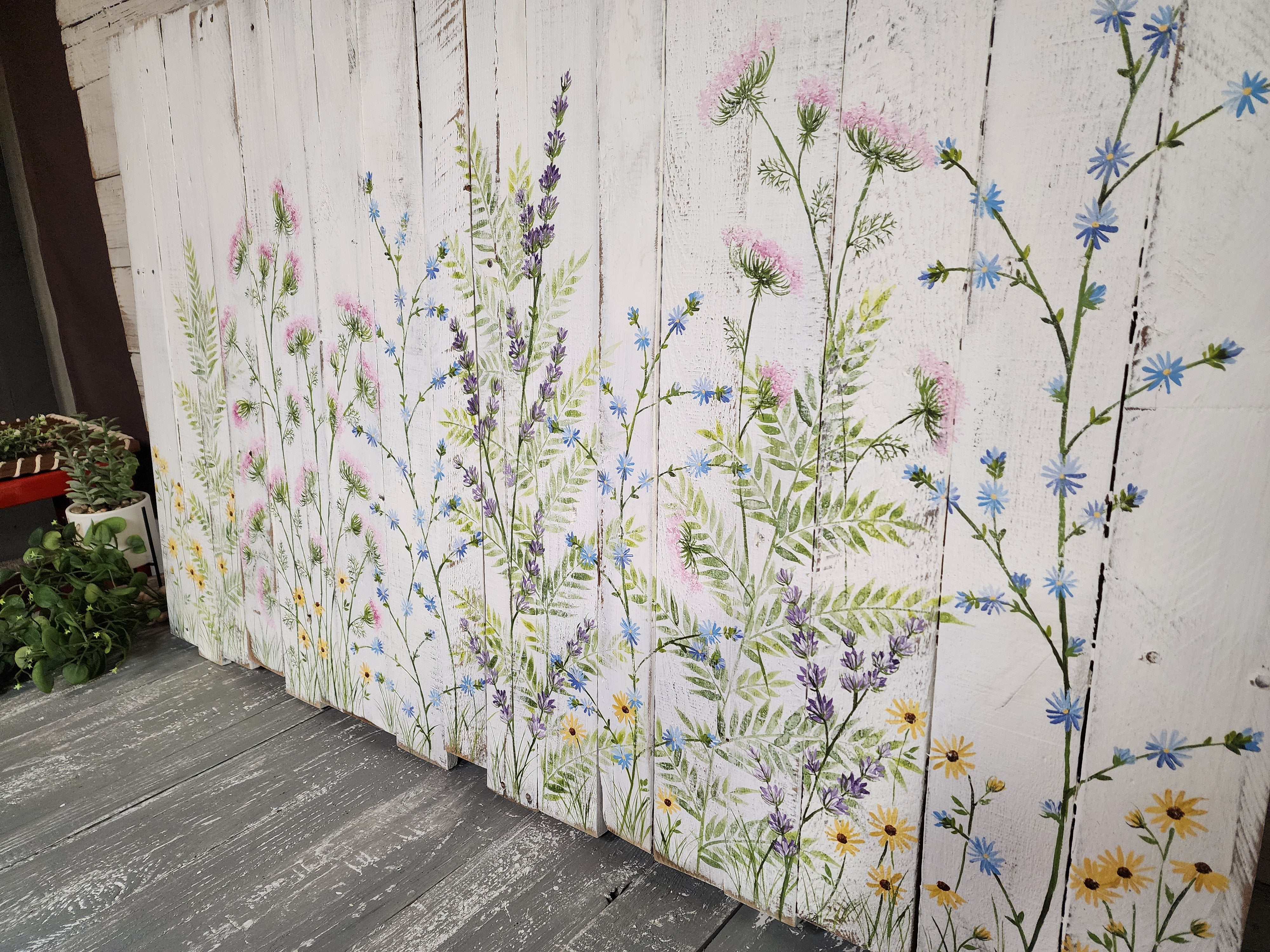 Flower Headboard Pallet art, farmhouse decor headboard,  hand painted flowers on picket fence,  Girls Bedroom art