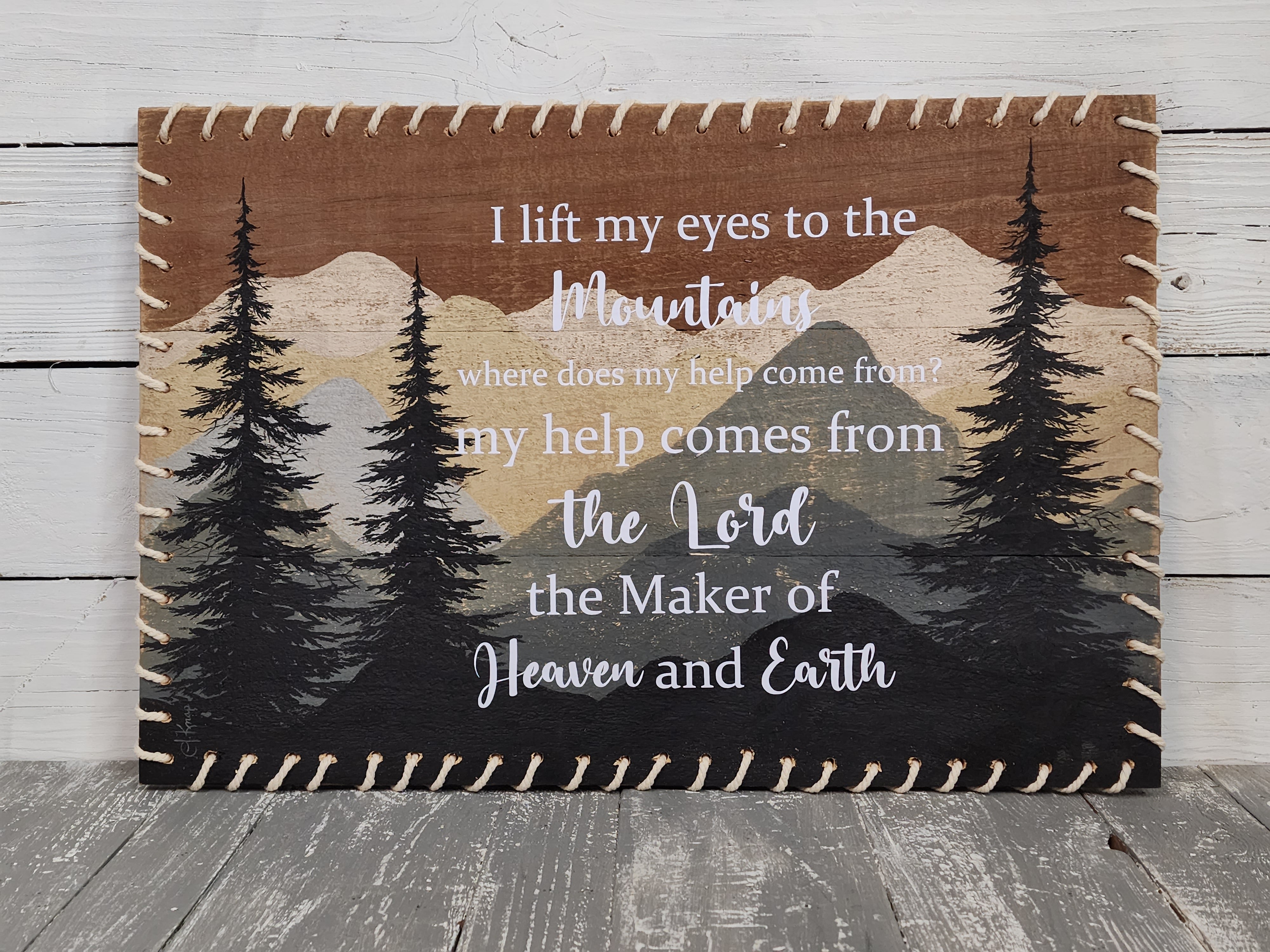 Mountain decor pallet painting, I lift my eyes to the mountains, pine trees and mountains, BOHO macrame, Psalm 121