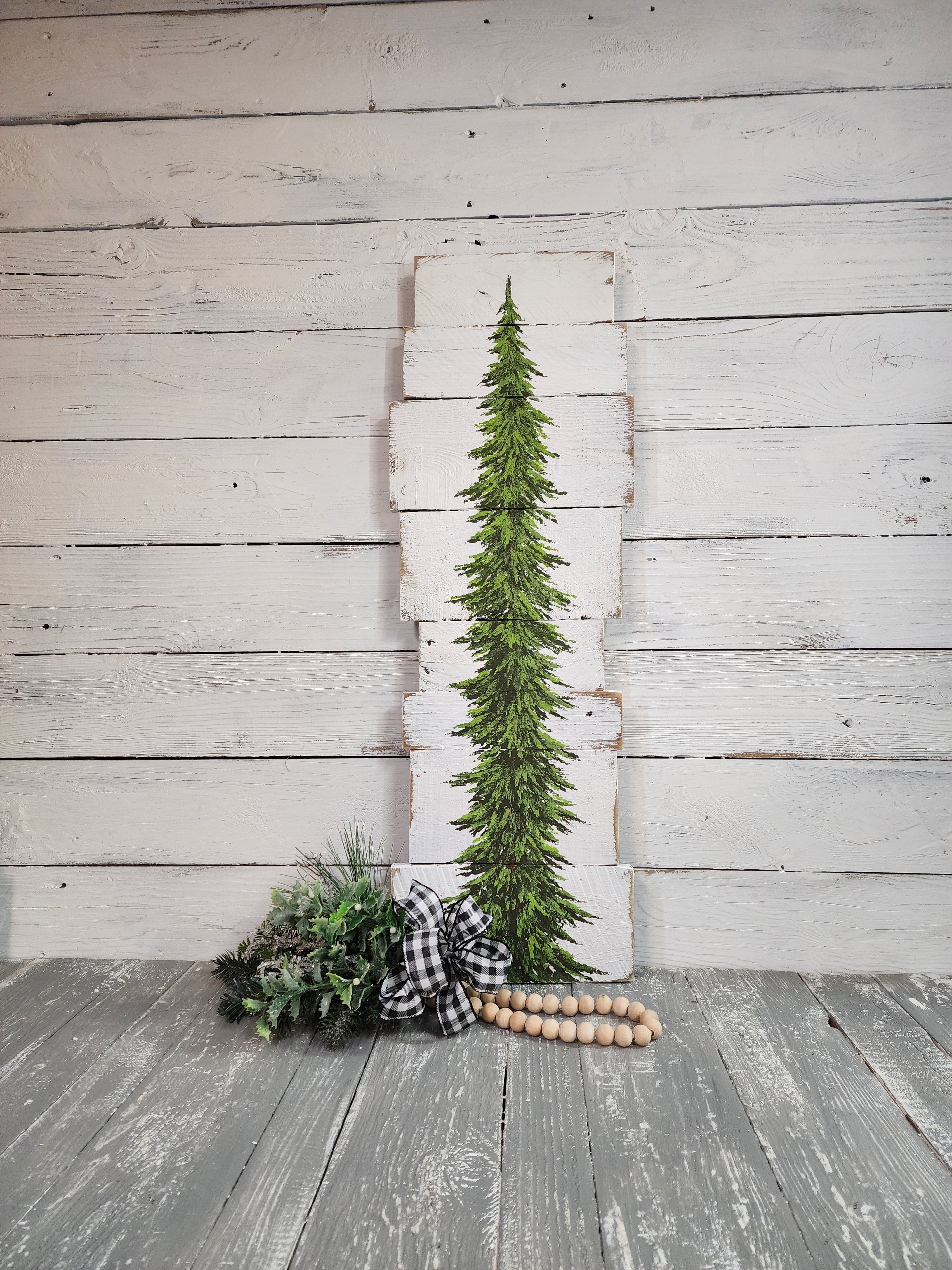 Hand painted Pine tree on pallet wood, Christmas tree, white washed Reclaimed Wood Pallet Art, Winter farmhouse cottage decor