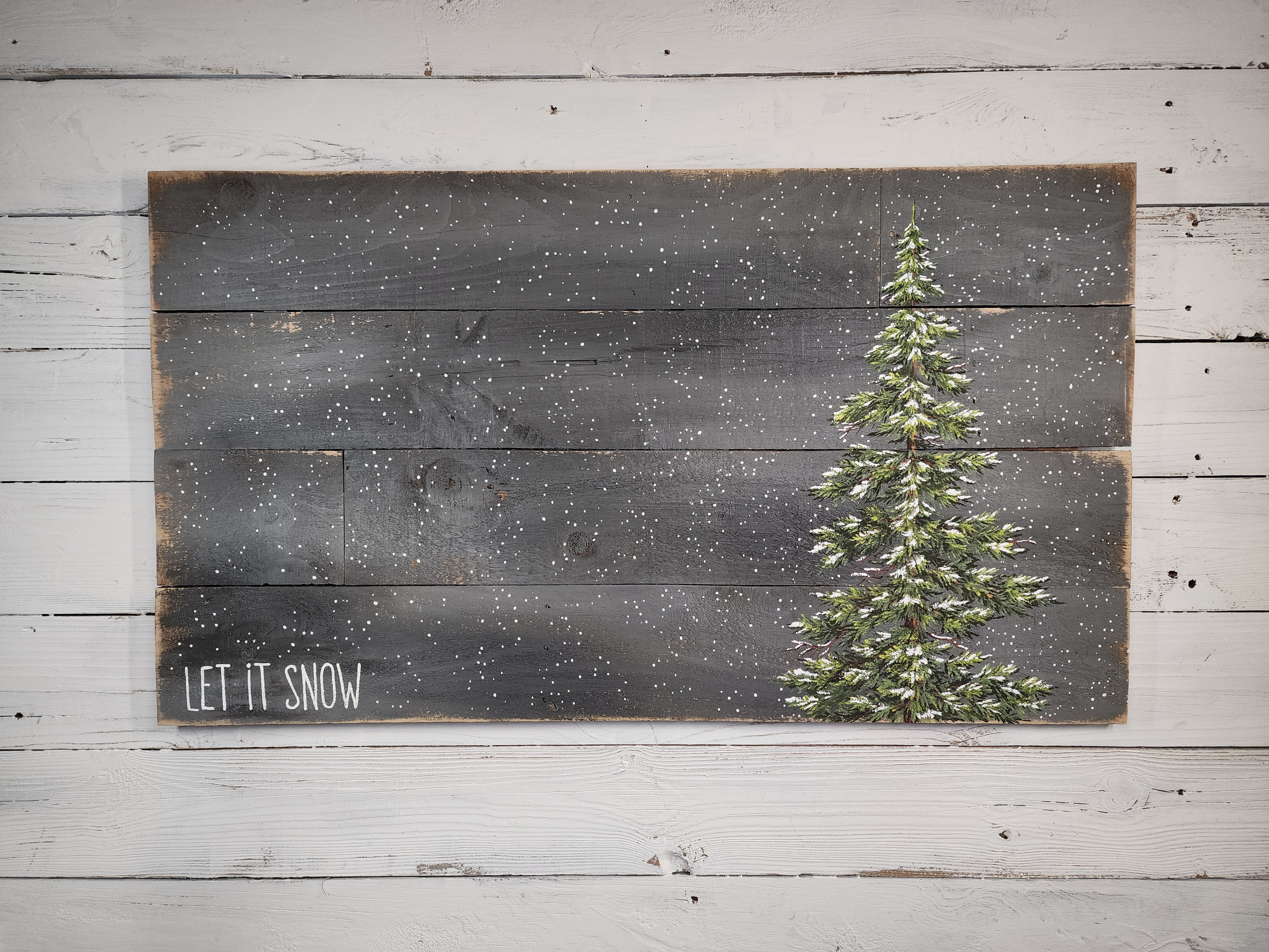 Winter snow falling on Christmas pine tree painting on pallet wood, Let it snow word winter sign, hand painted evergreen tree
