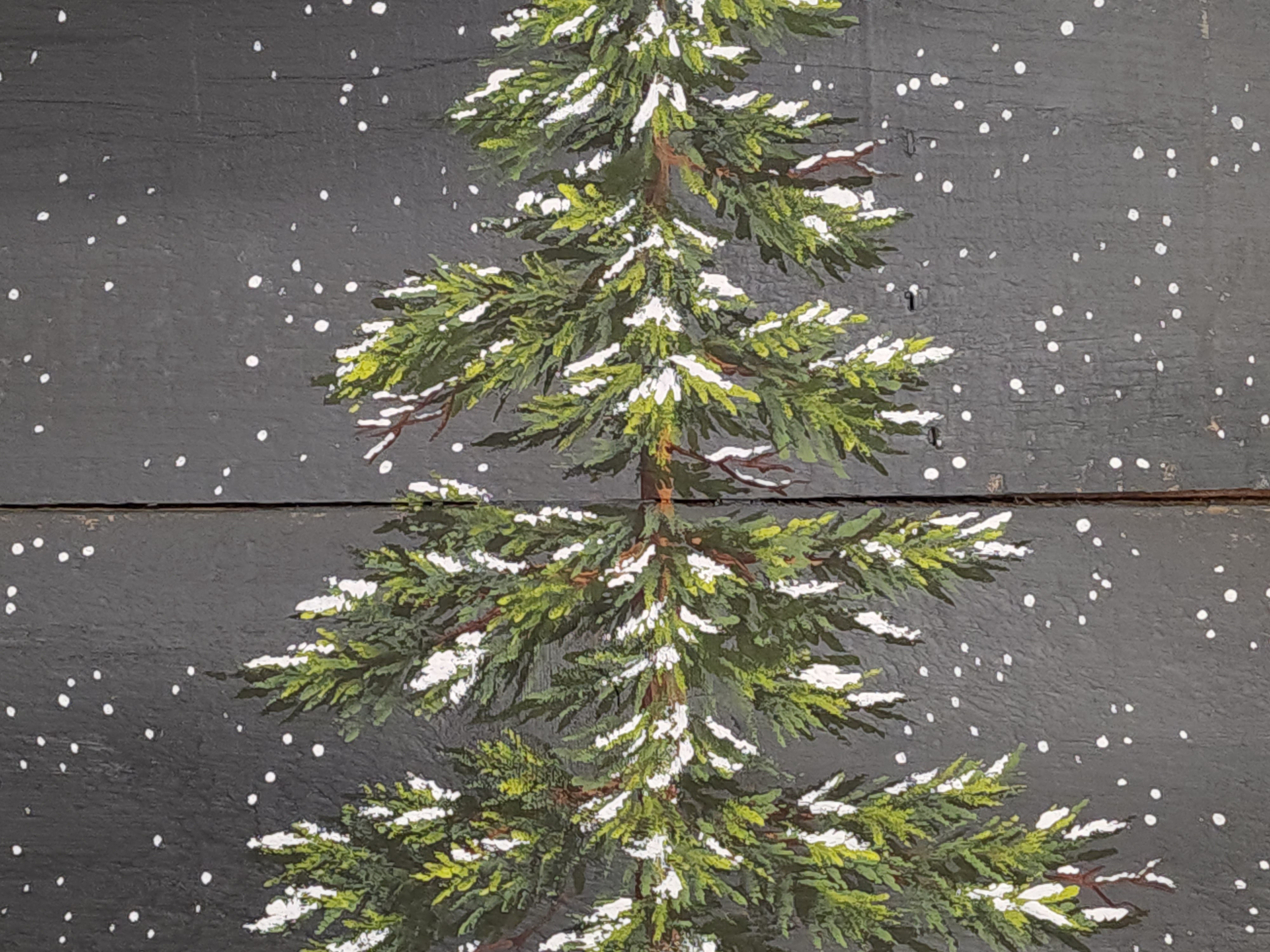 Winter snow falling on Christmas pine tree painting on pallet wood, Let it snow word winter sign, hand painted evergreen tree