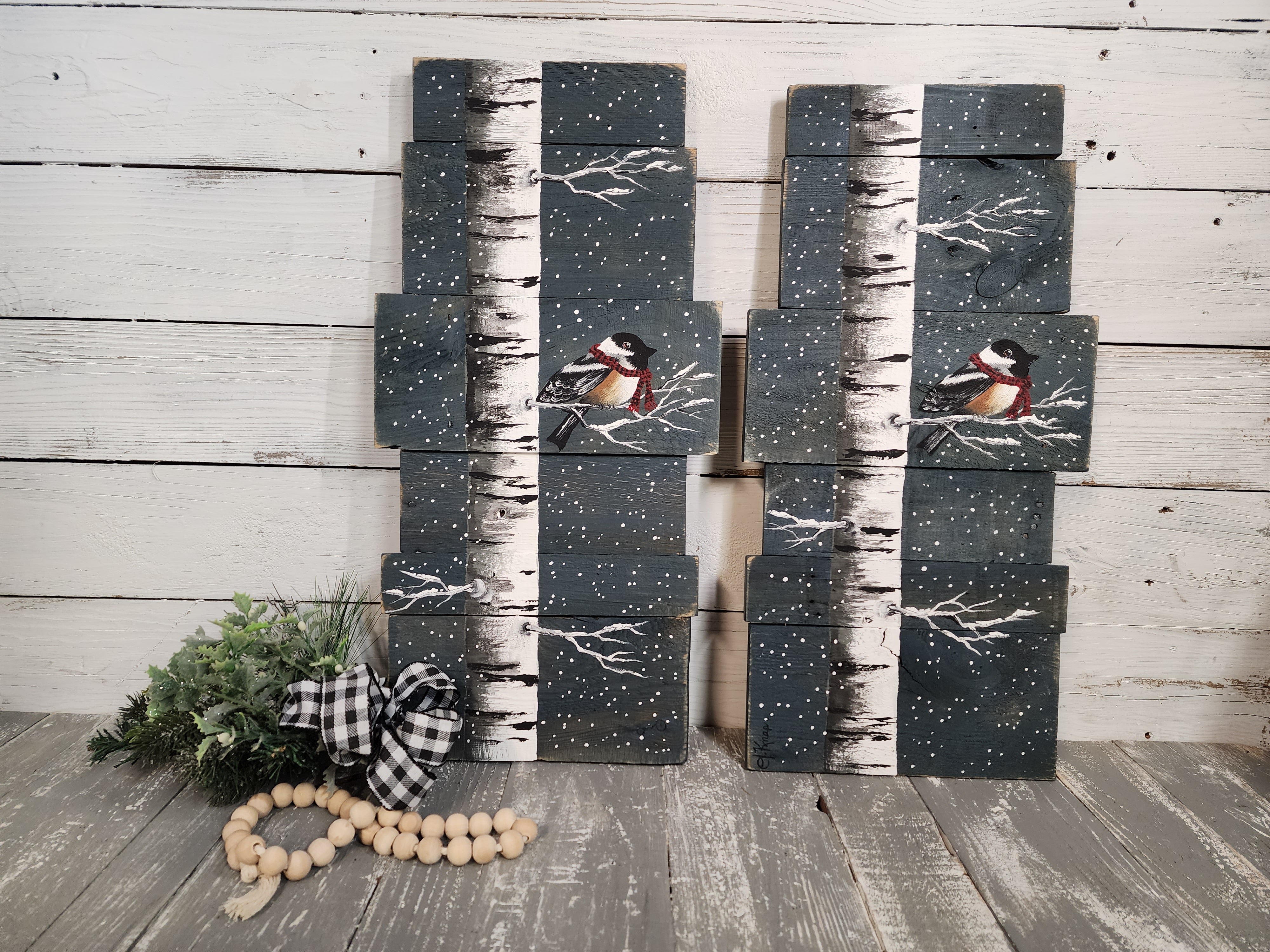 Bird With Red Plaid Scarf on White Birch Tree, Hand Painted Christmas Decor on Pallet Wood
