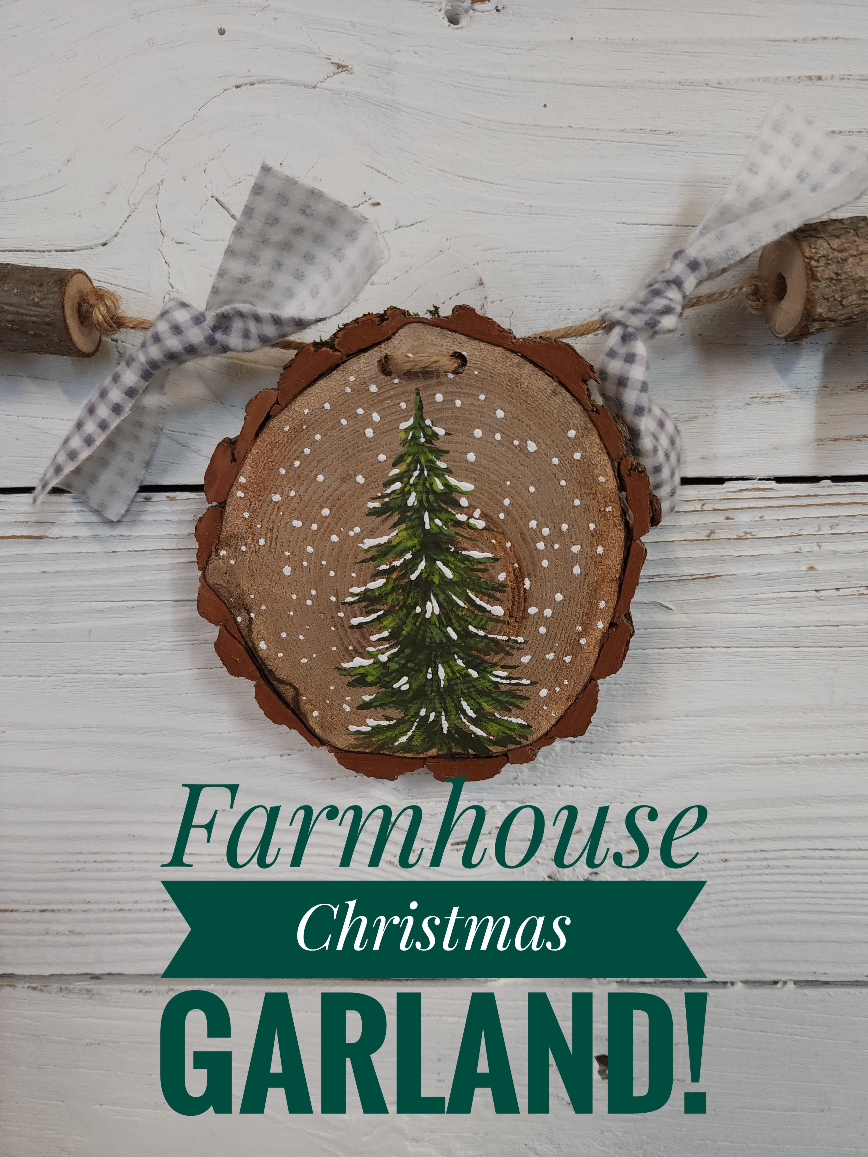 Grey Christmas Bead Garland with buffalo plaid ribbon, Wood Slice ornaments, Handpainted Farmhouse Christmas mantel, let it snow