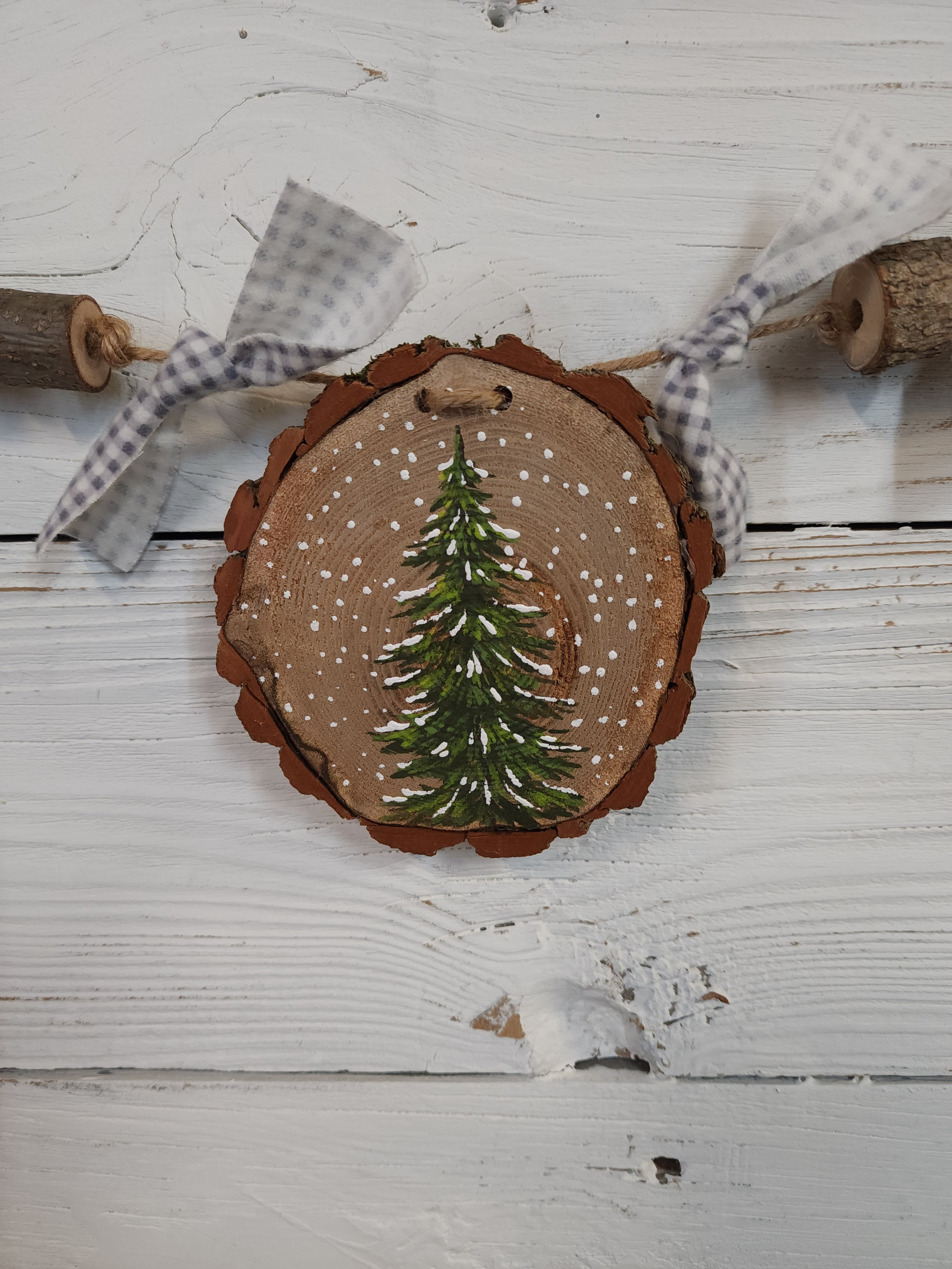 Grey Christmas Bead Garland with buffalo plaid ribbon, Wood Slice orna –  The White Birch Studio