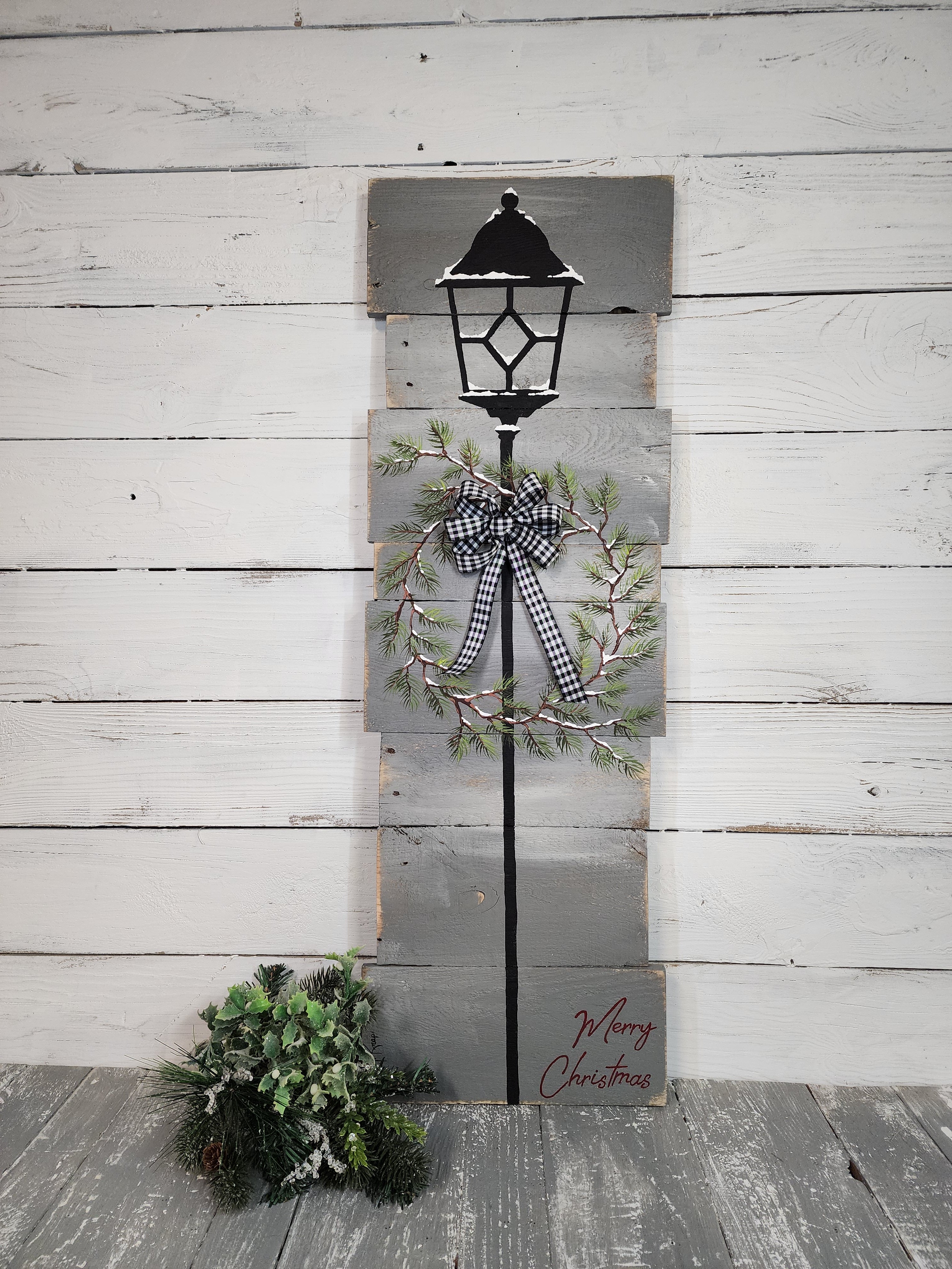 Merry Christmas pallet wood welcome sign, Hand painted pine branch wreath on lantern, buffalo plaid bow, black light pole
