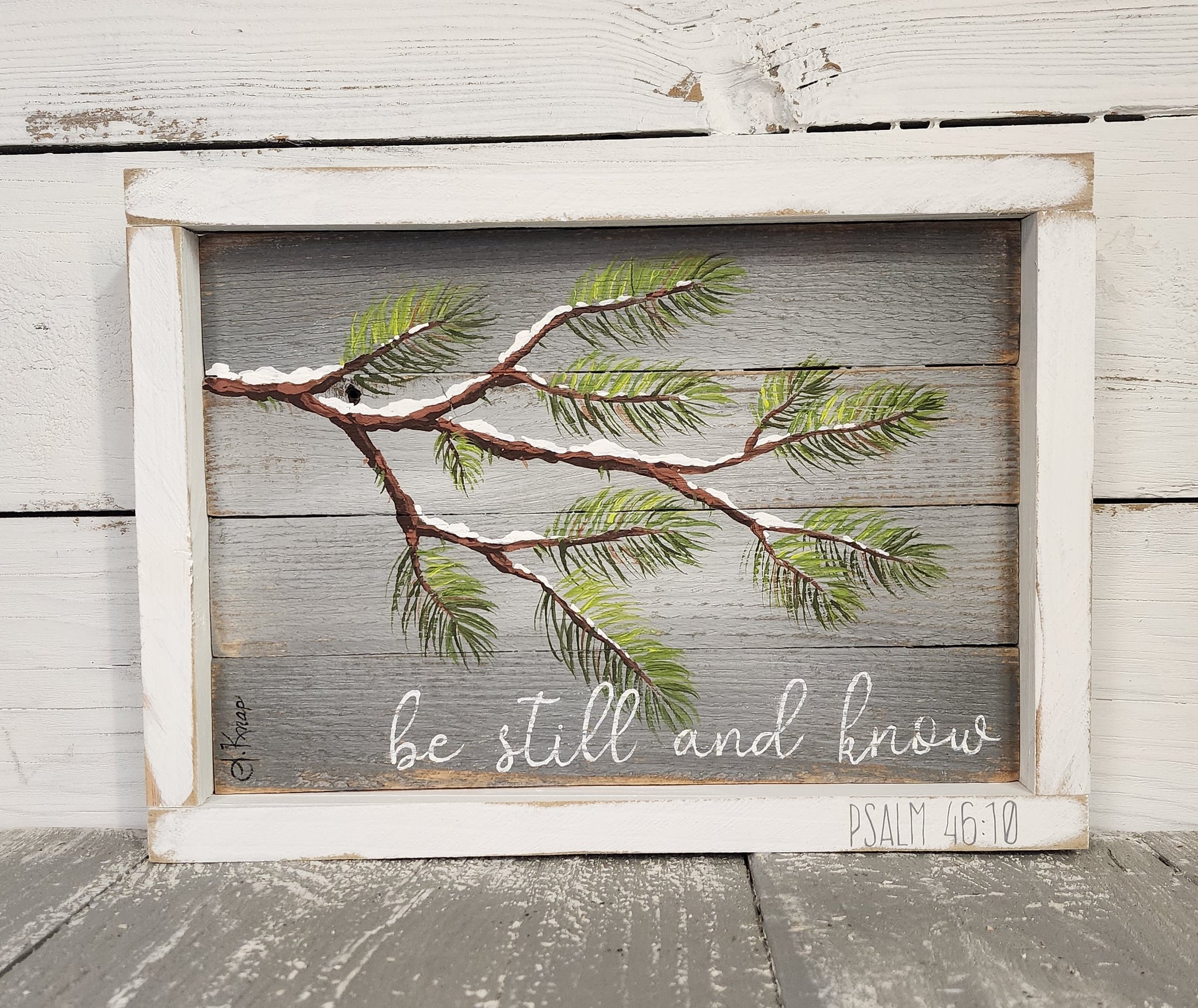 Be still and know, snow on pine branches, framed rustic winter decor p –  The White Birch Studio