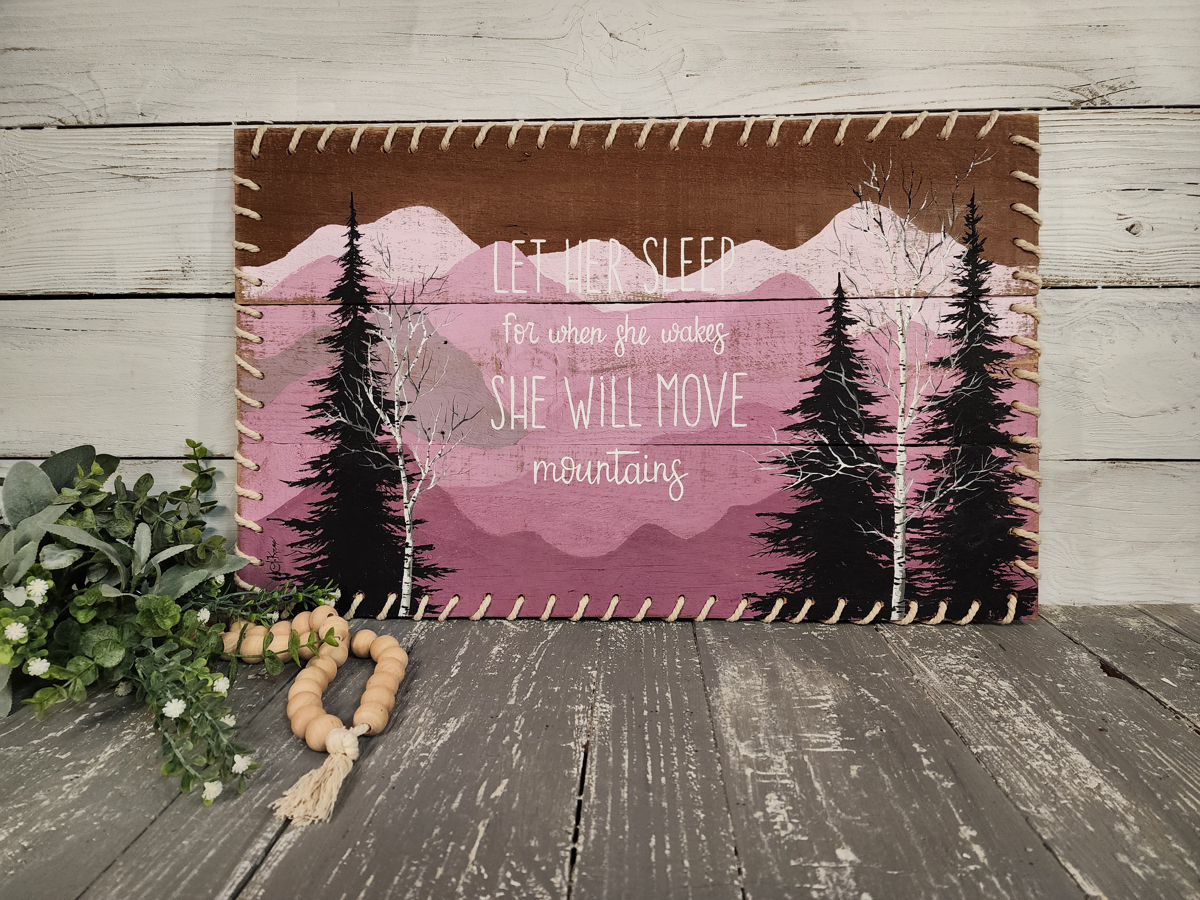 Pink blush Girl Mountain Nursery wall decor, White Birch Farmhouse BOHO, Let Her sleep, Mountain wild nature nursery pallet art
