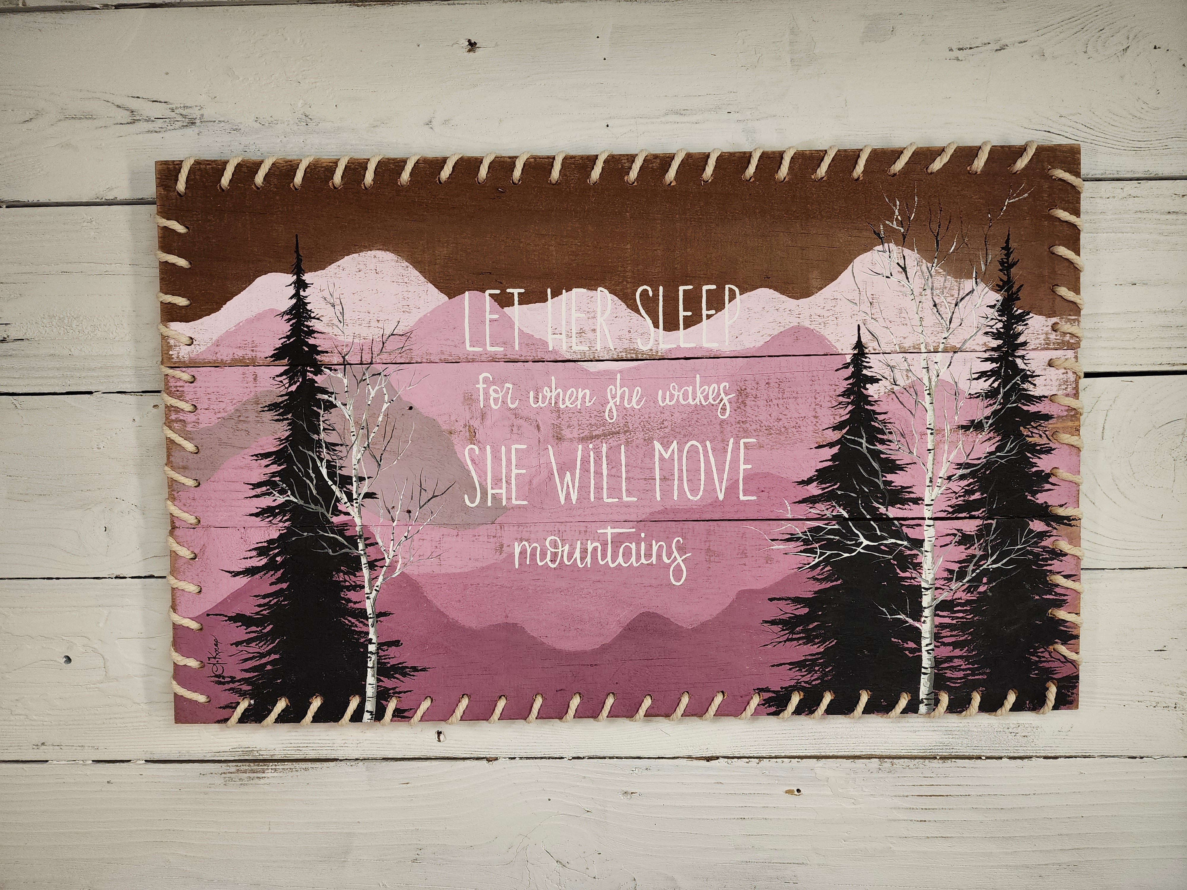 Pink blush Girl Mountain Nursery wall decor, White Birch Farmhouse BOHO, Let Her sleep, Mountain wild nature nursery pallet art