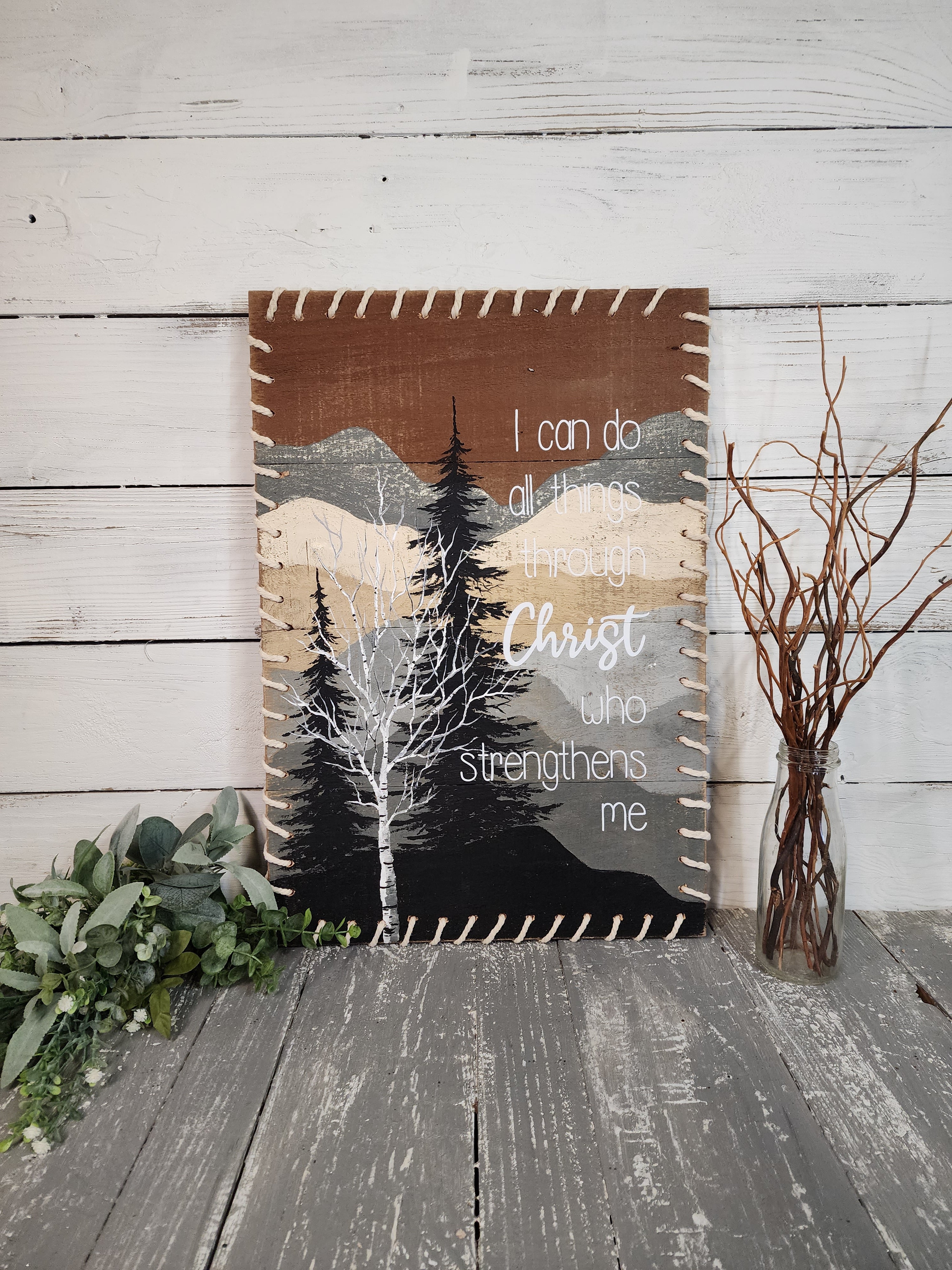 Mountain adventure painting, hand painted white birch and pine trees, I can do all things verse, BOHO macrame