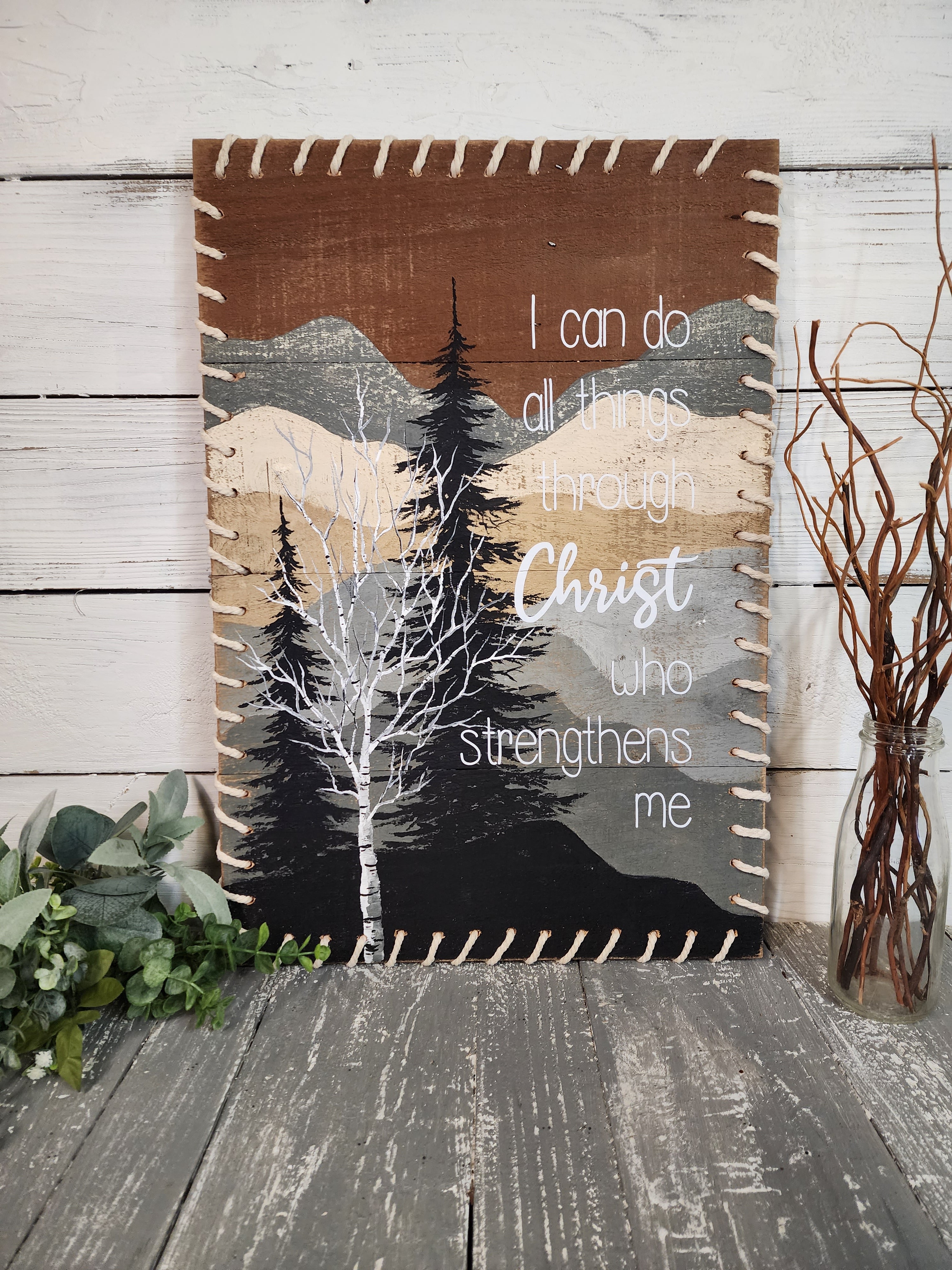 Mountain adventure painting, hand painted white birch and pine trees, I can do all things verse, BOHO macrame