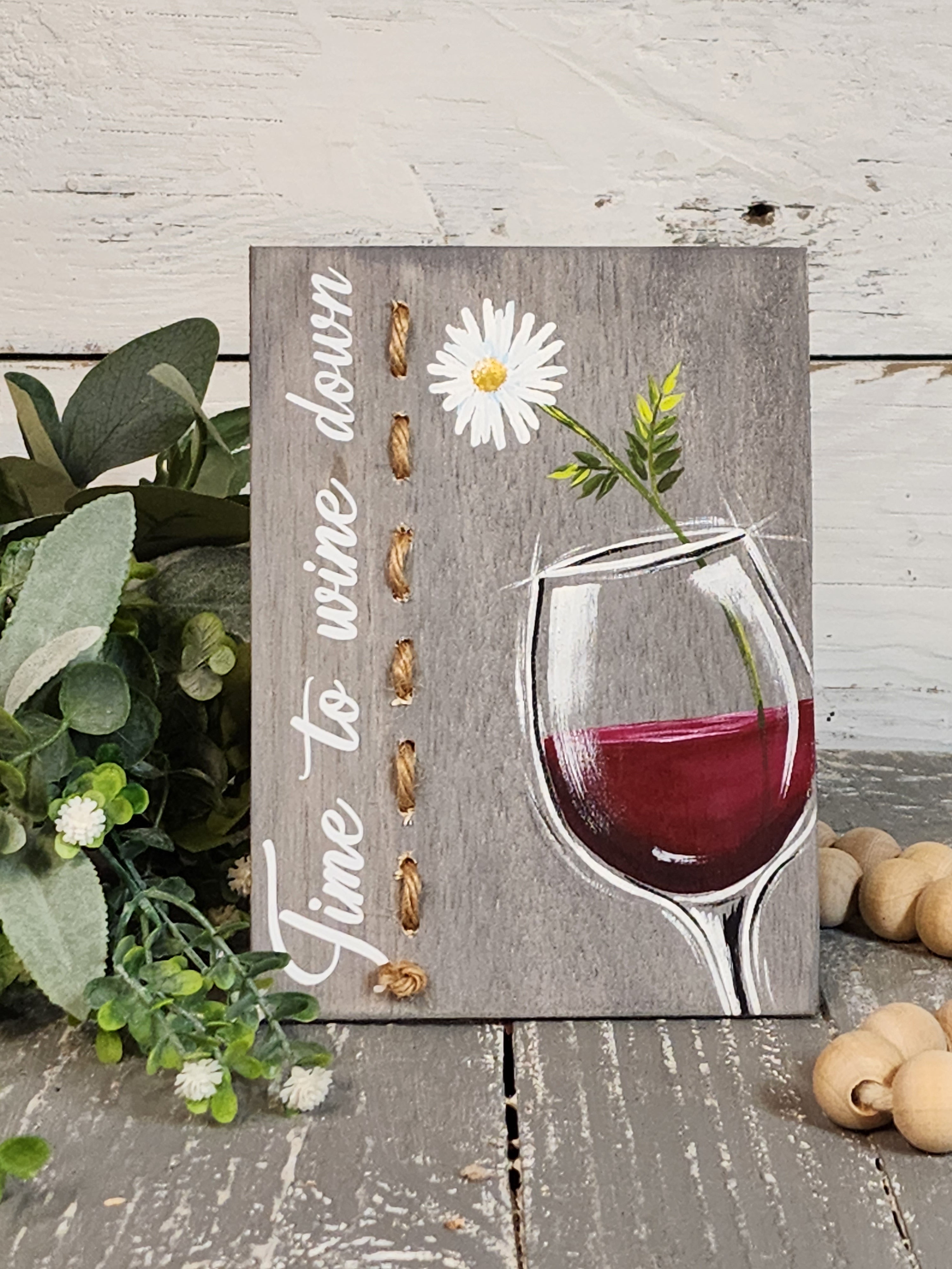Handpainted greeting cards, custom note card with Easel stand, artwork display stand, red wine with word art