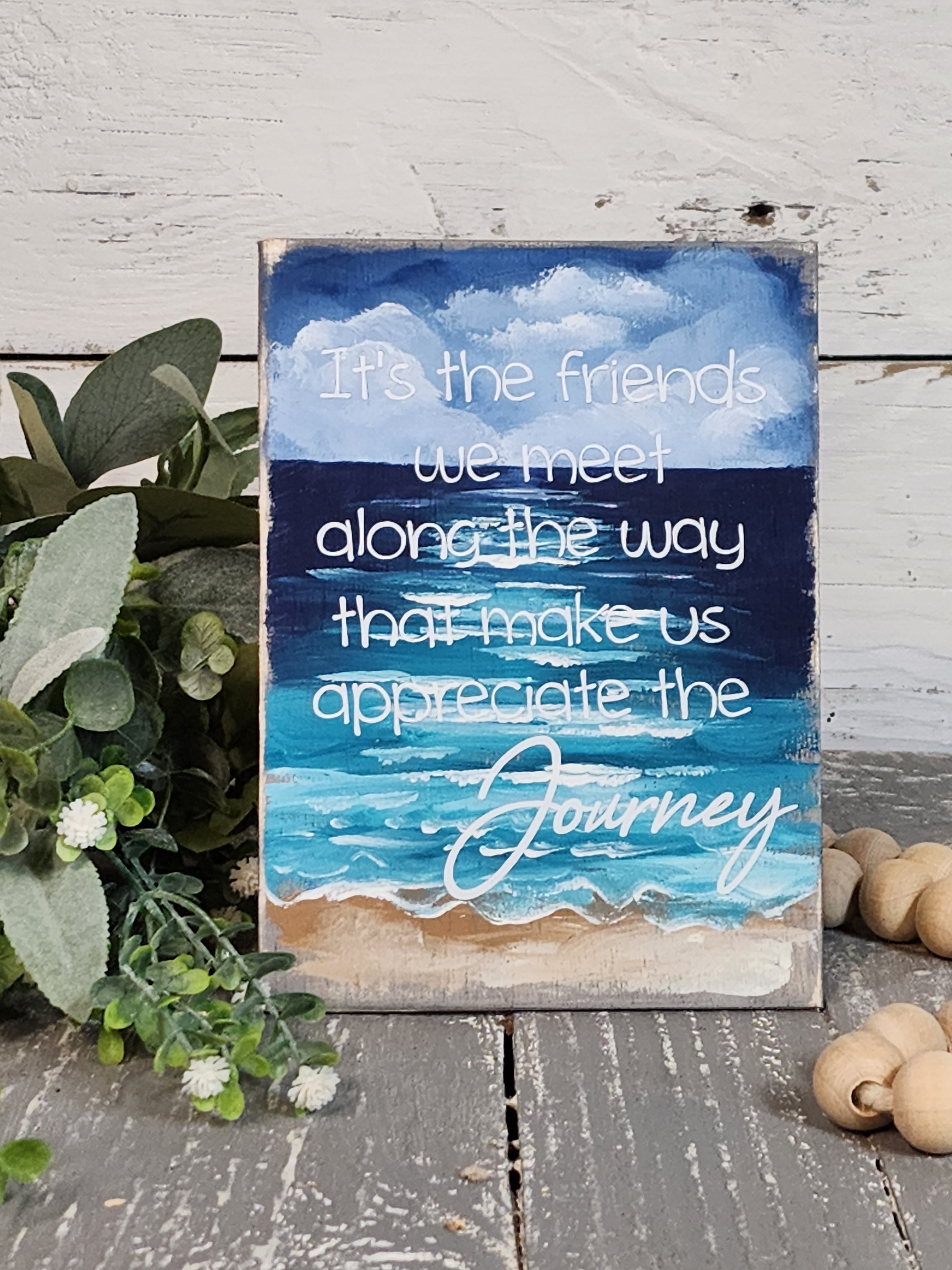 Handpainted greeting cards, custom note card with Easel stand, artwork display stand, Beach painting with word art