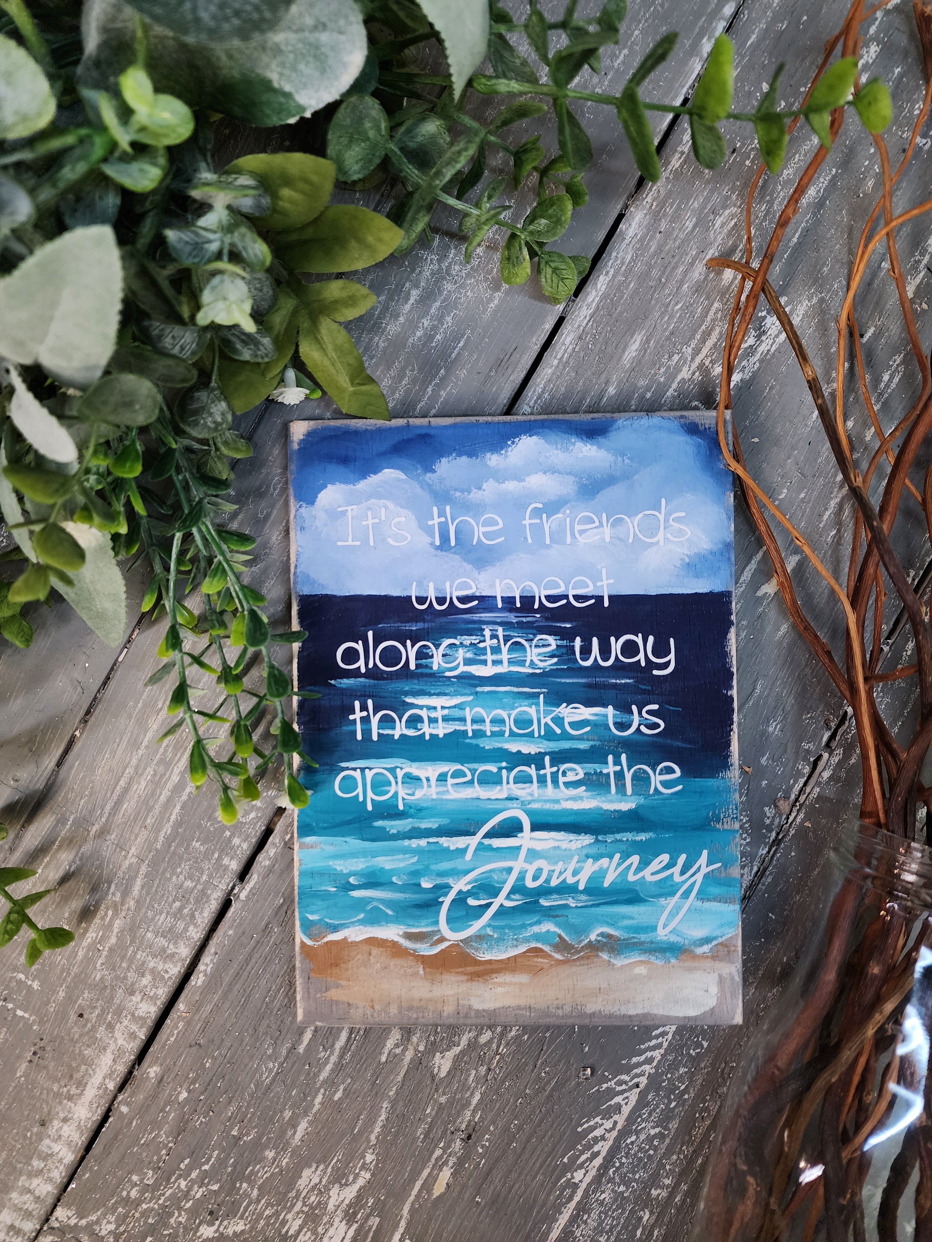 Handpainted greeting cards, custom note card with Easel stand, artwork display stand, Beach painting with word art