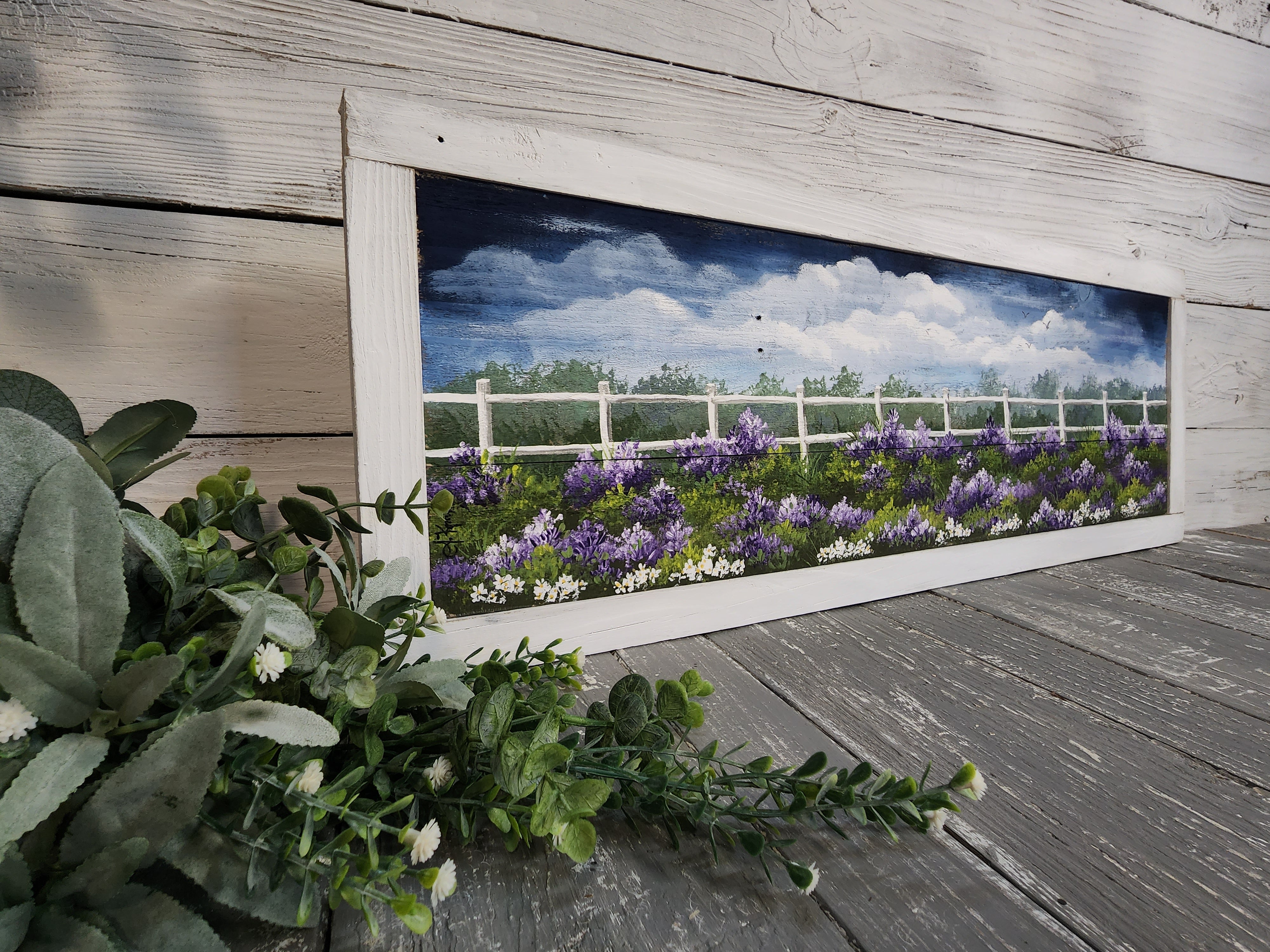 White picket fence in a Lavender and white daisy field, hand painted pallet wall art, Farmhouse decor
