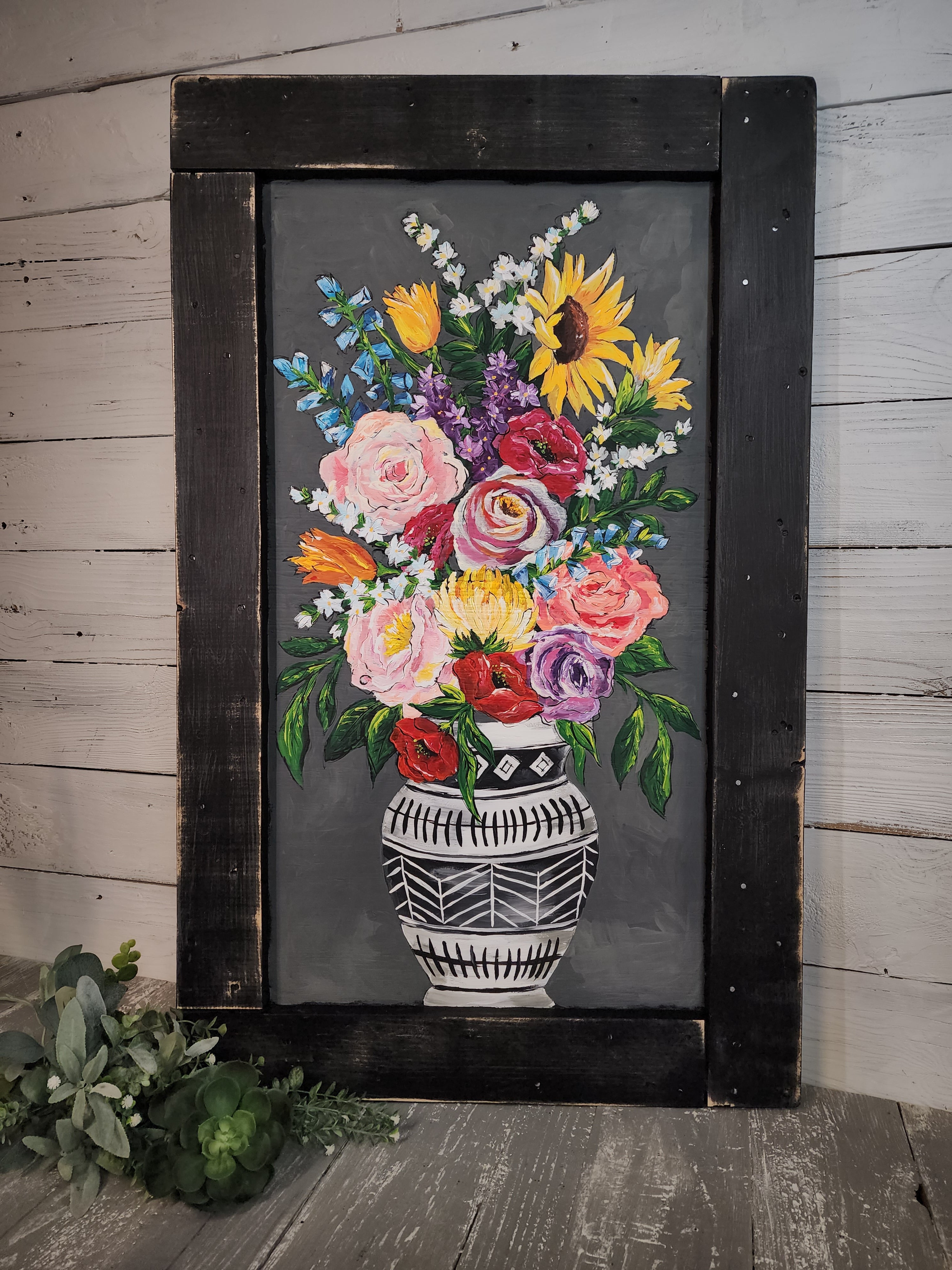 Hand painted original acrylic flowers, bright floral artwork on pallet wood top, abstract floral painting, black & white vase
