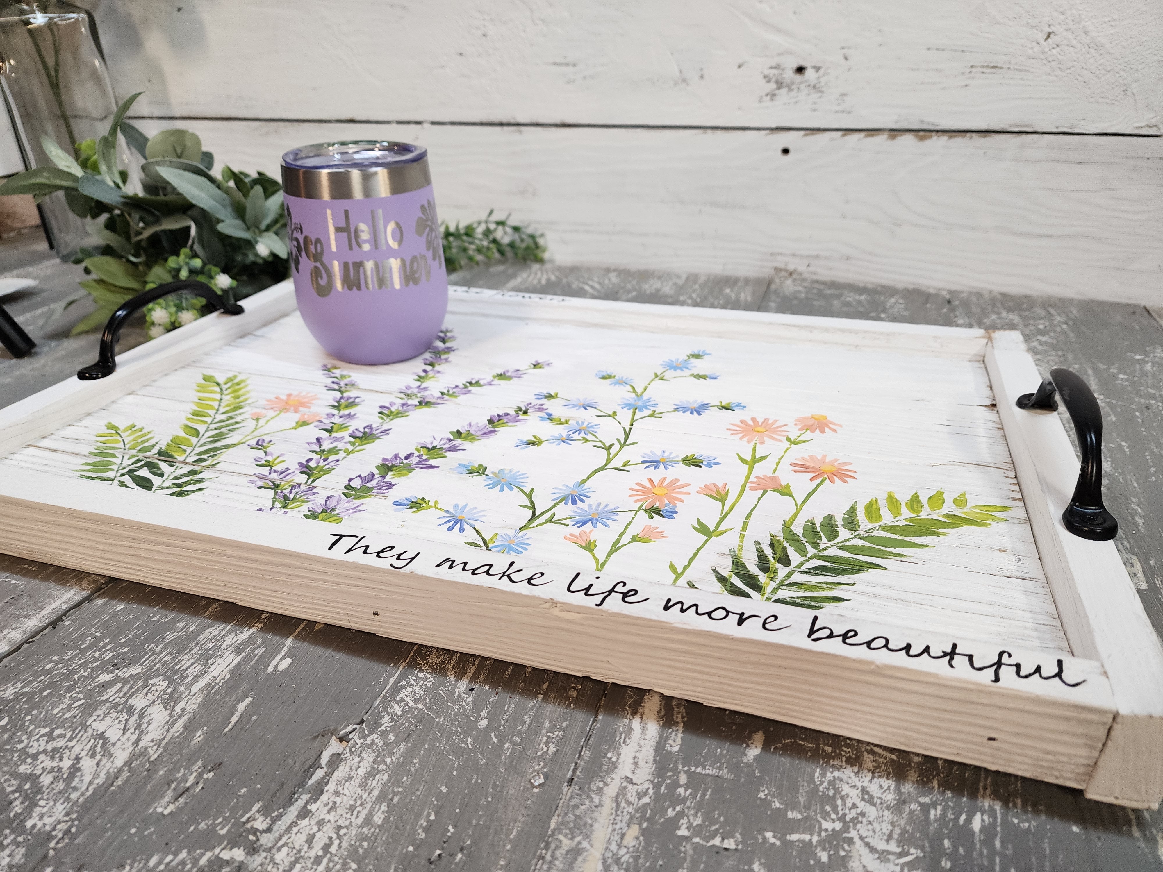 Decorative wildflower summer tray, farmhouse white decor, Barn wood Serving Tray, black handle platter