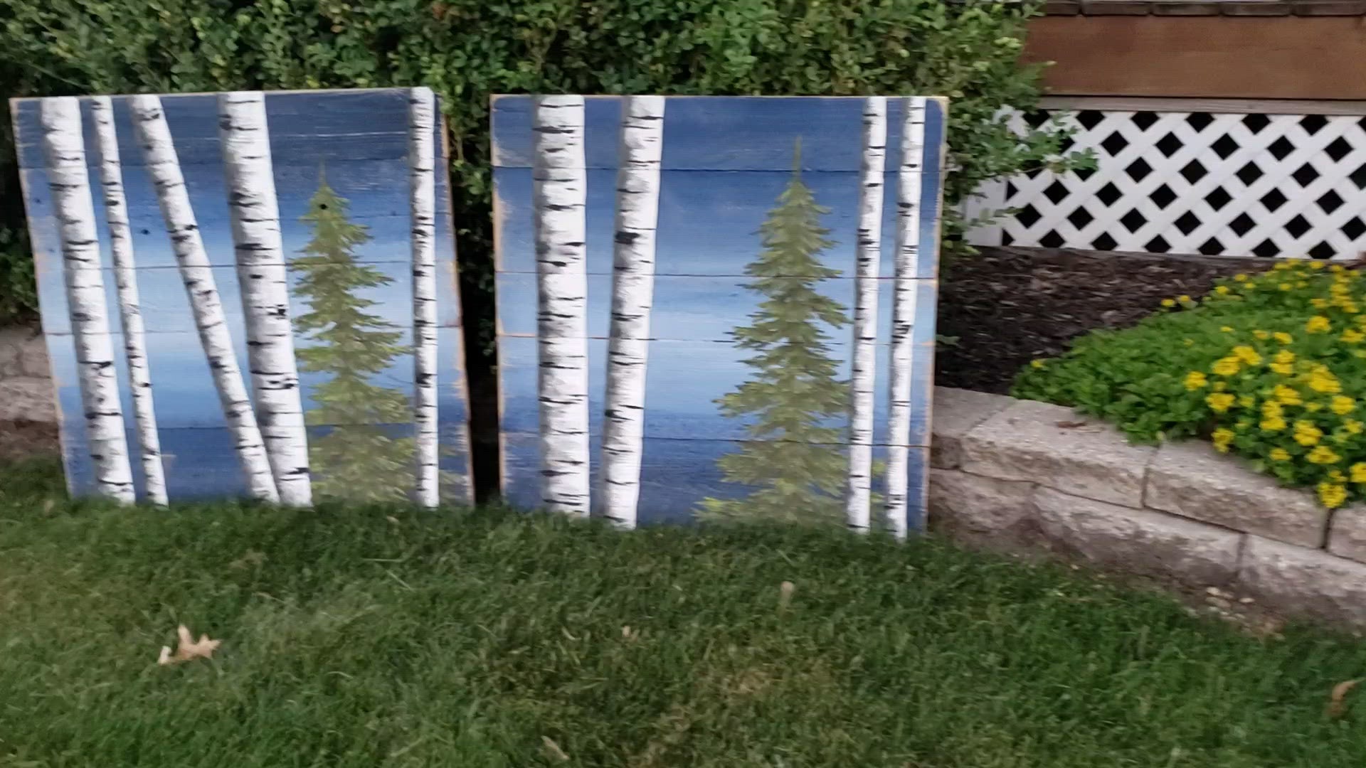 Sky blue white birch Painting with pine trees on Pallet wood, 2 Piece set, Hand Painted aspen trees, couch artwork