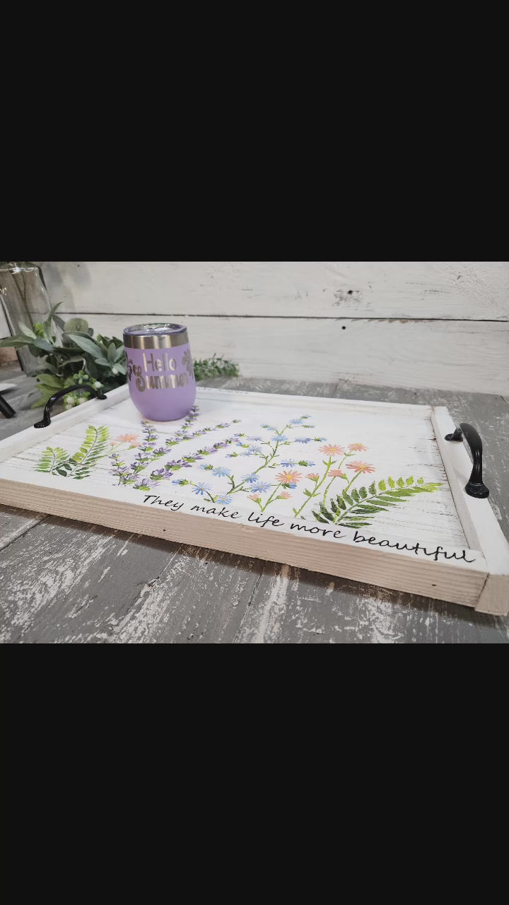 Decorative wildflower summer tray, farmhouse white decor, Barn wood Serving Tray, black handle platter