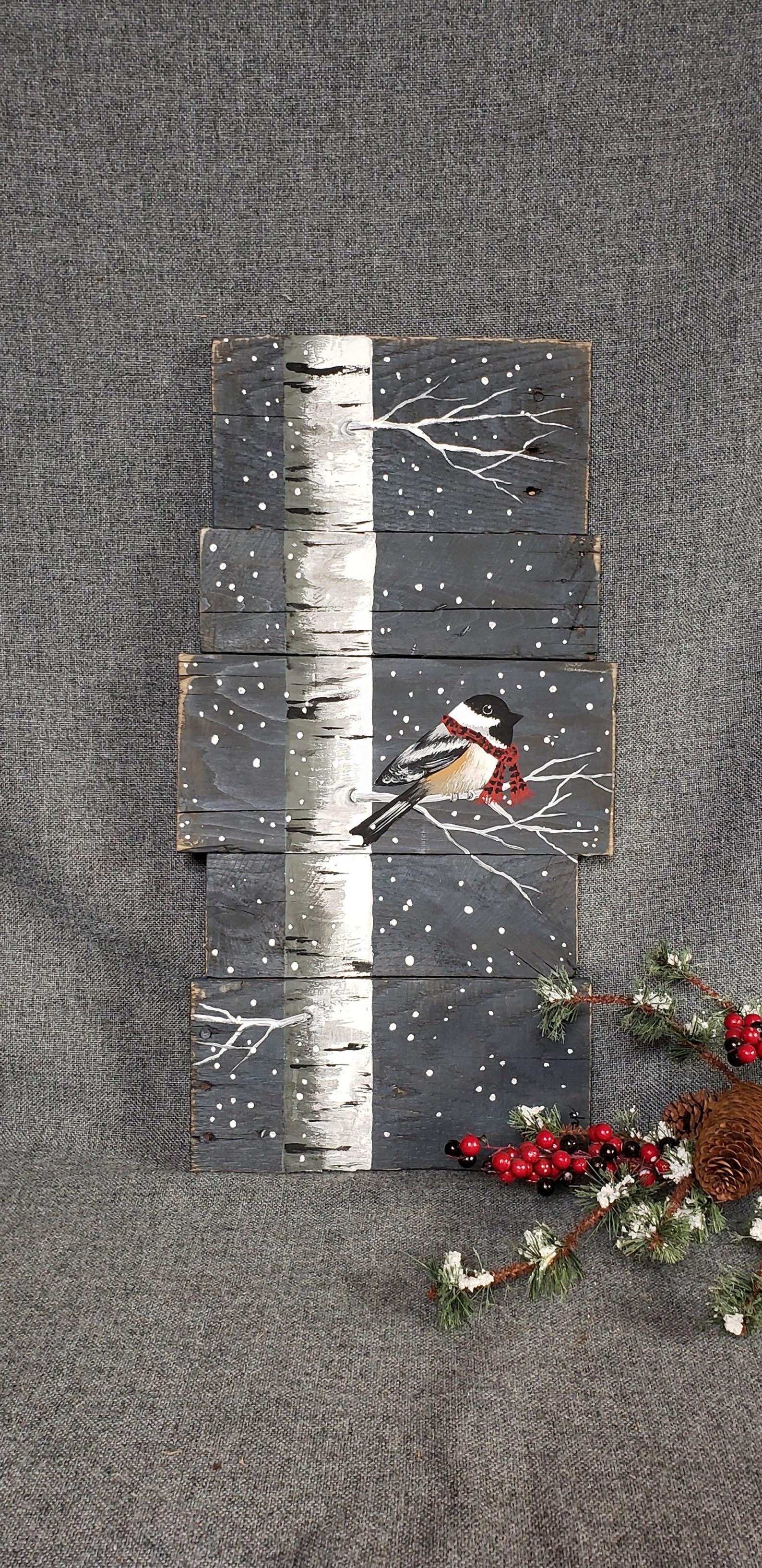 Bird With Red Plaid Scarf on White Birch Tree, Hand Painted Christmas Decor on Pallet Wood