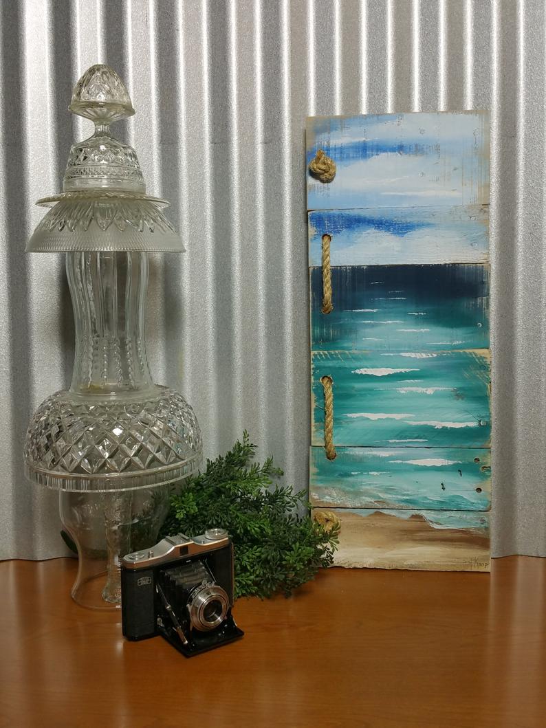 Nautical rope Beach pallet painting, Hand Painted Seascape, Rustic Farmhouse cottage decor