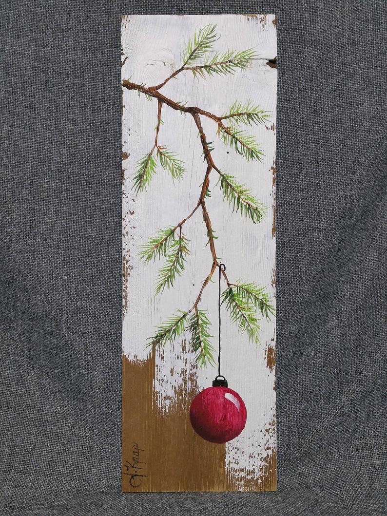 Hand painted Short Pine Needle Branch With Red Bulb, Farmhouse Christmas decor on pallet wood